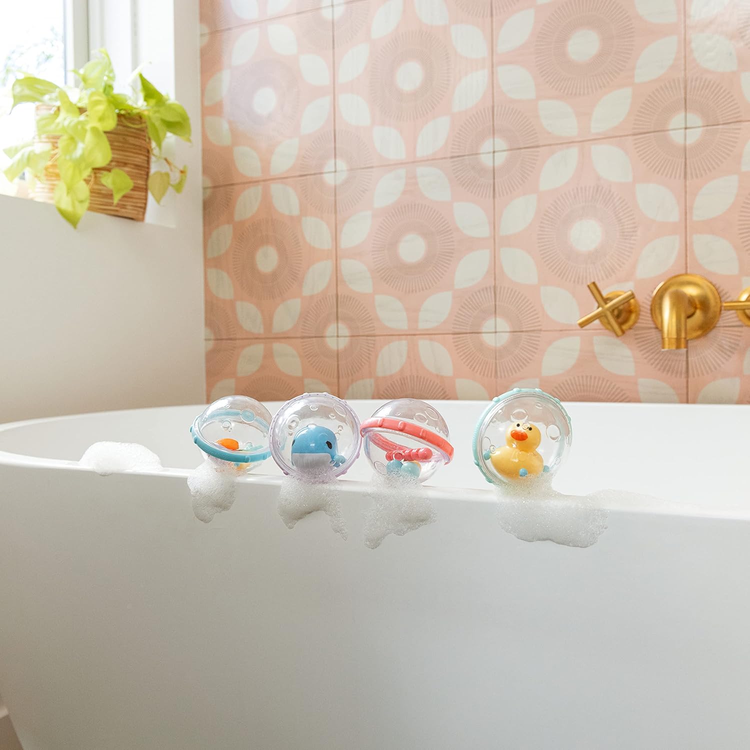 4-Delige Drijvende Bad Speelgoed Set voor Baby’s | Stimuleert Zintuigen Met Getextureerde Ringen & Kleurrijke Bubbels | Veilig en Leuk voor Baby’s van 4+ Maanden