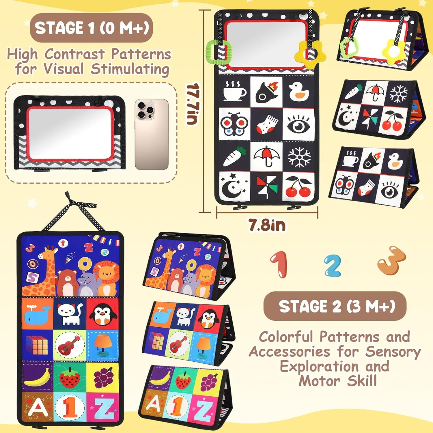 Sensorische Buiktrainer met Hoog Contrast voor Baby's 0-12 Maanden - Opvouwbaar Speelboek met Spiegel en Knispergeluid voor Jongens en Meisjes