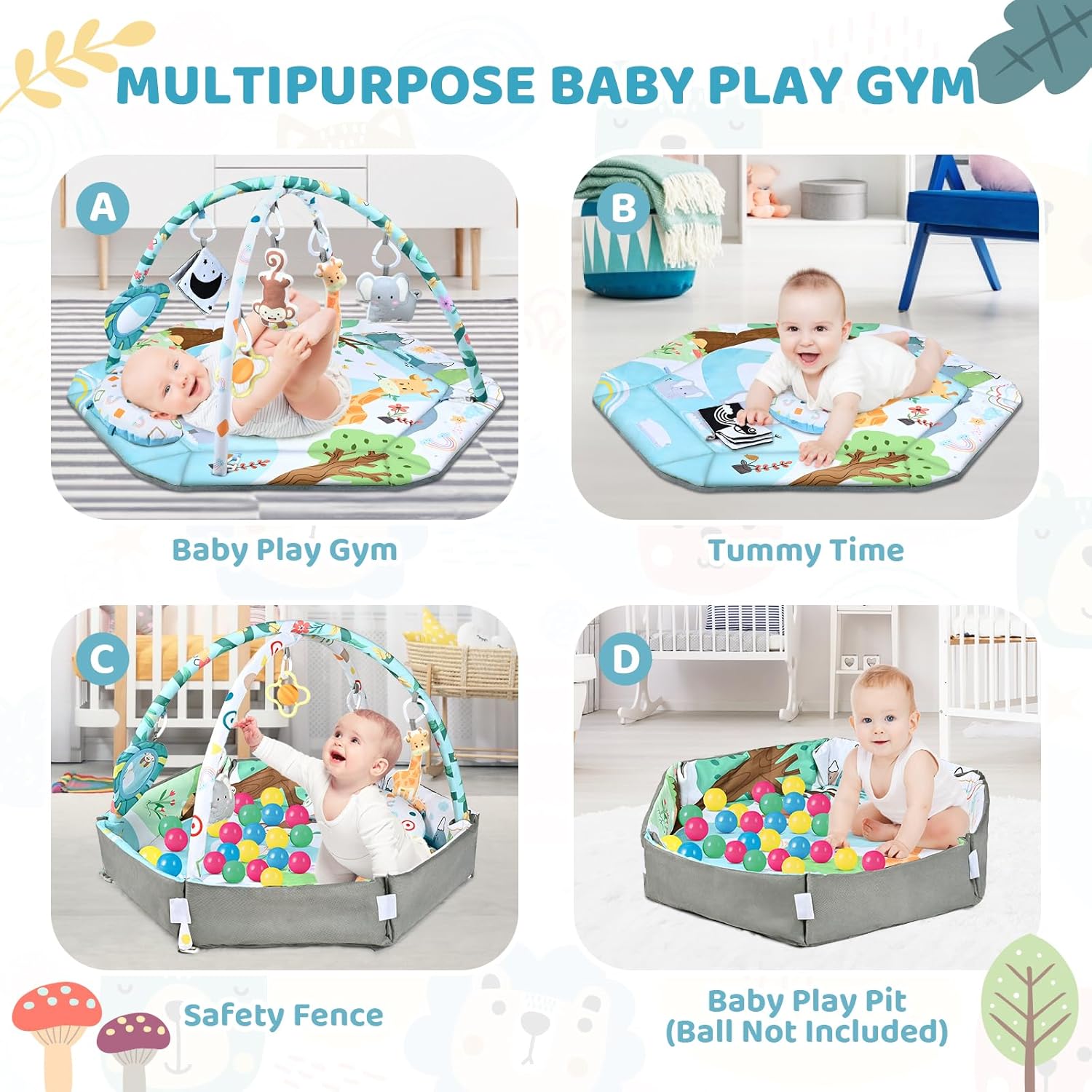 8-in-1 Buiktijd Speelkleed & Ballenbak met 6 Speeltjes | Baby Gym Speelmat Wasbaar Baby Activiteit voor Visuele, Gehoor-, Sensorische, Motorische Ontwikkeling, Cadeau voor Peuters