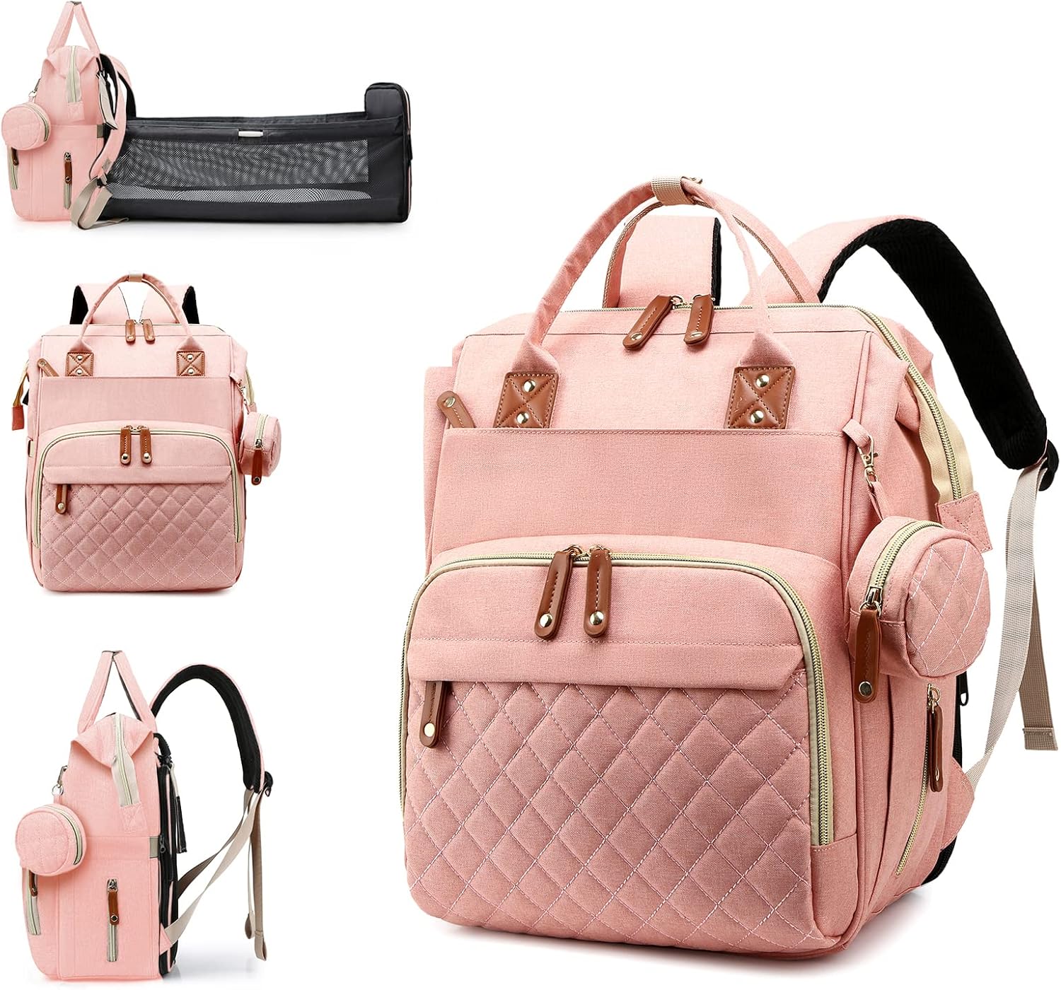 Luiertas met verschoonstation | 3-in-1 waterdichte rugzak met opvouwbaar kussen roze