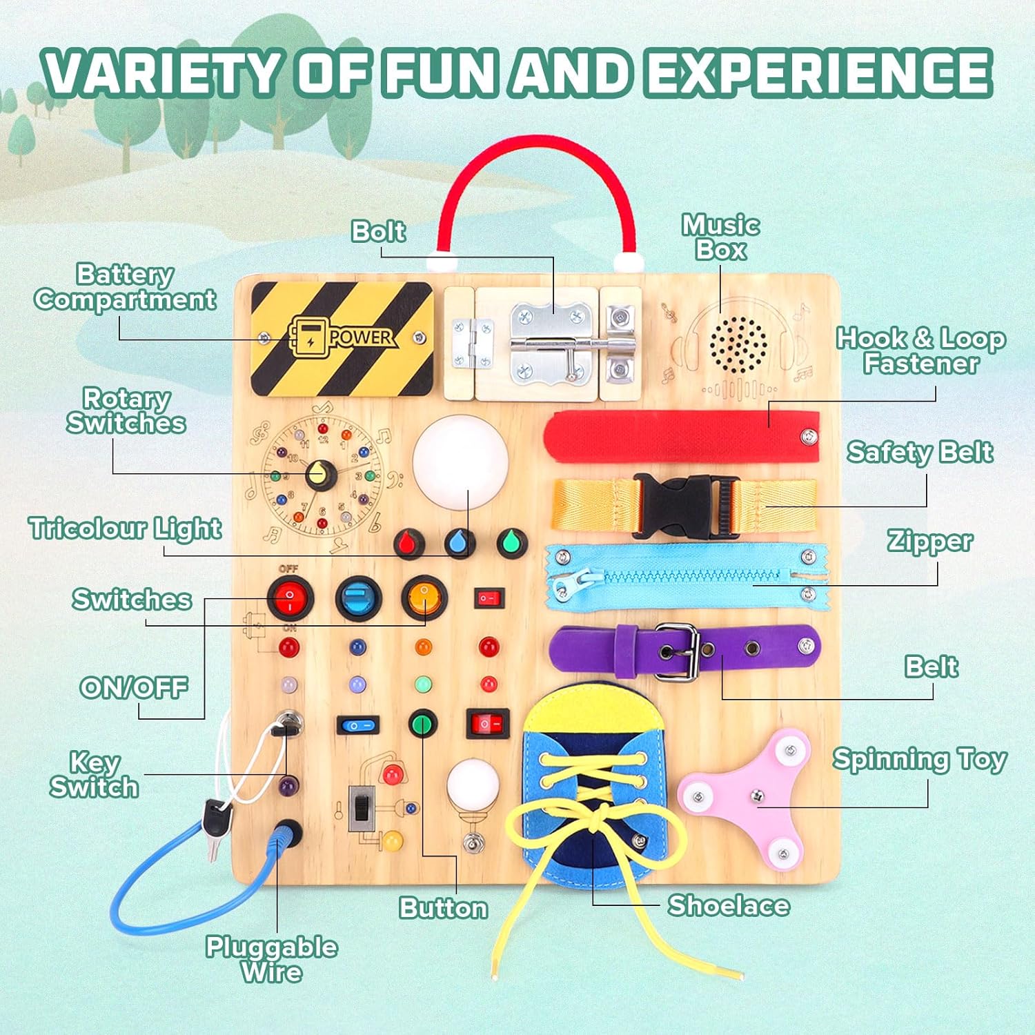Houten Montessori Busy Board voor Peuters vanaf 1 Jaar - Educatief Activiteitenbord met LED Lichtjes en Schakelaars voor Baby, Jongens en Meisjes - Sensorisch Reisspeelgoed voor Kinderen