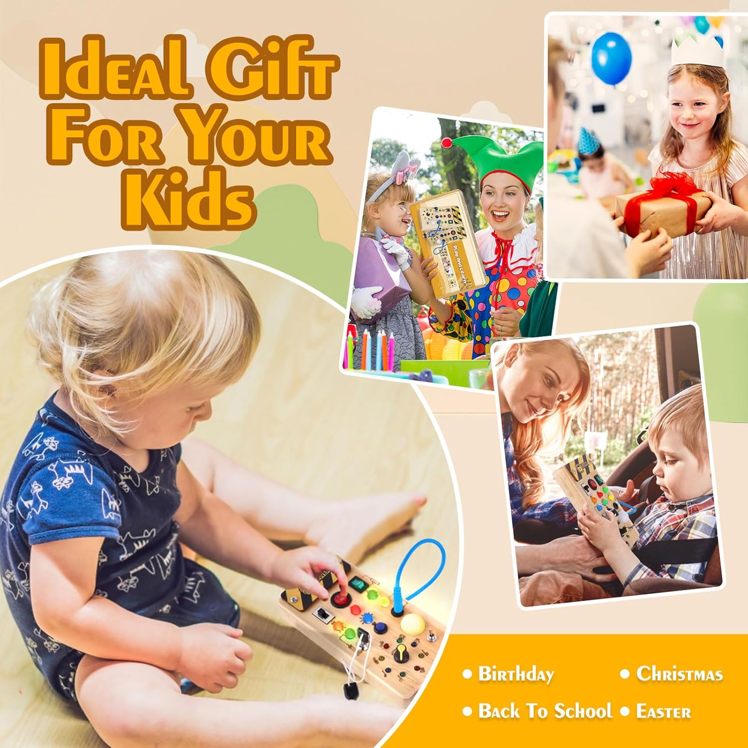 Houten Montessori Busy Board voor Peuters vanaf 1 Jaar - Educatief Activiteitenbord met LED Lichtjes en Schakelaars voor Baby, Jongens en Meisjes - Sensorisch Reisspeelgoed voor Kinderen