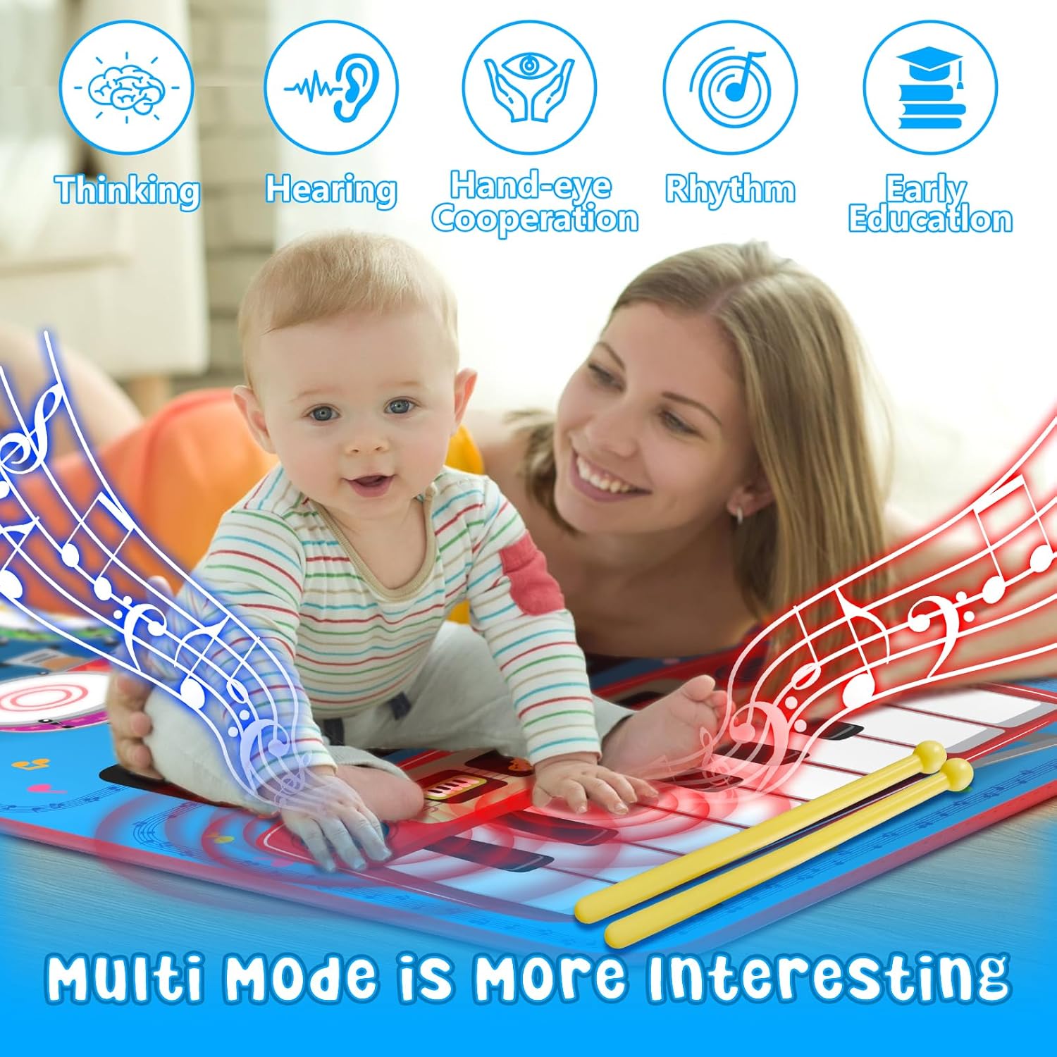 2-in-1 muziekspeelmat|Piano & drum leerinstrument 1-5 jaar