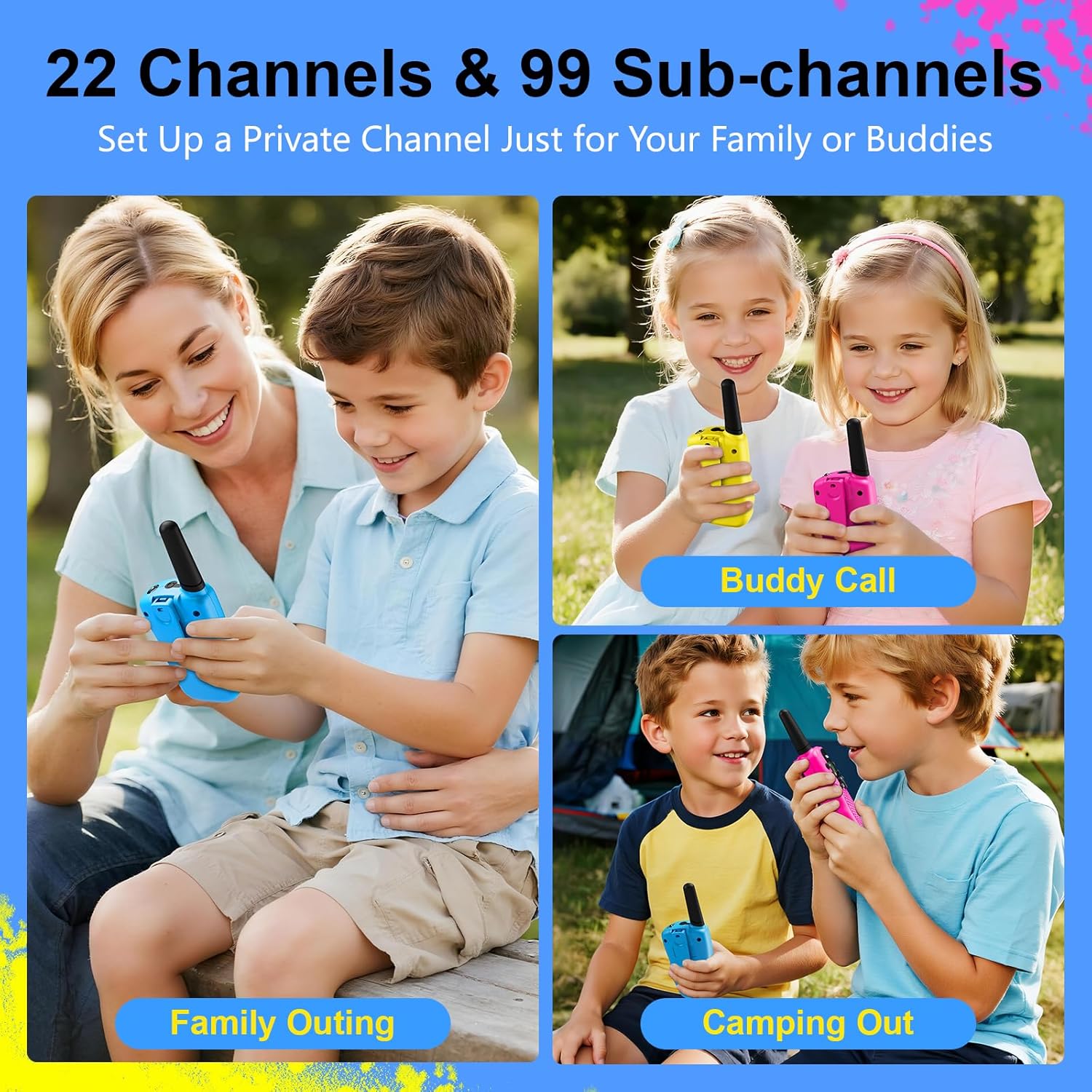 Walkie Talkies Jongens & Meisjes | Kinderspeelgoed 4-6 Jaar | Outdoor Radio 3-7 Jaar (Blauw & Roze & Geel)