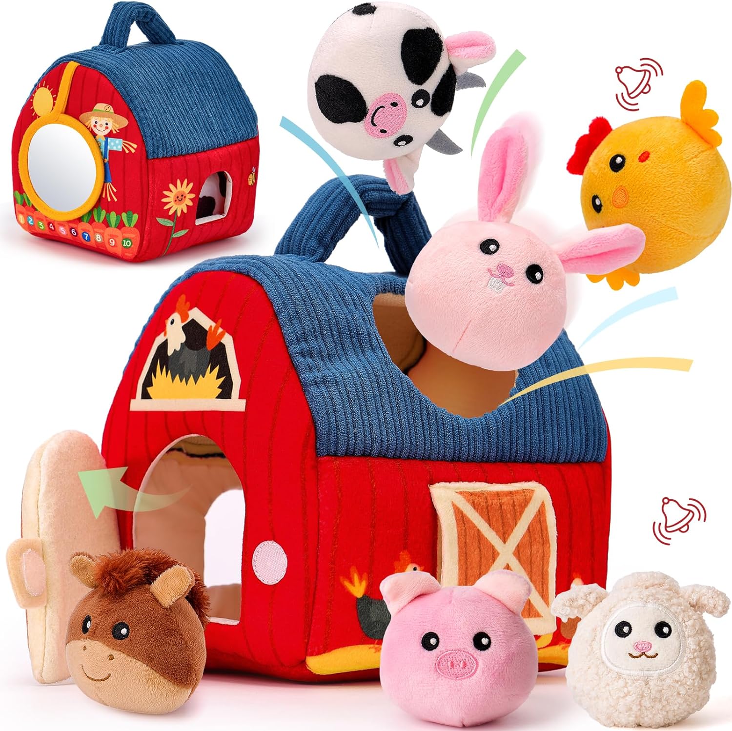 Baby Speelgoed voor 6-12 Maanden | Verrassingsschuur met Gevuld Boerderij Dieren & Zintuiglijk Speelgoed | Drukke Montessori Rammelaar & Spiegel | Perfect voor Peuters