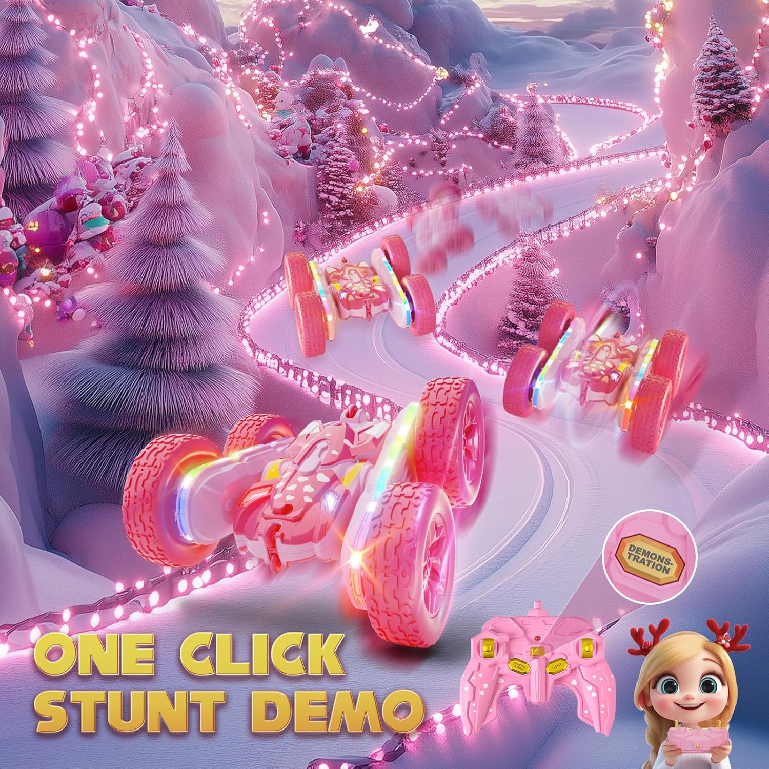 Afstandsbediening auto voor meisjes | 360° stunt RC auto met koplampen & 4WD roze speelgoed