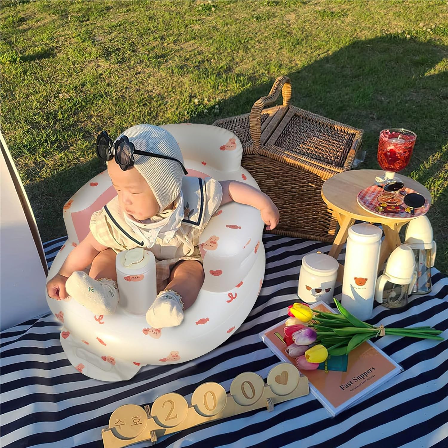 Opblaasbaar babyzitje voor baby's vanaf 3 maanden l met ingebouwde luchtpomp - Beer Patroon