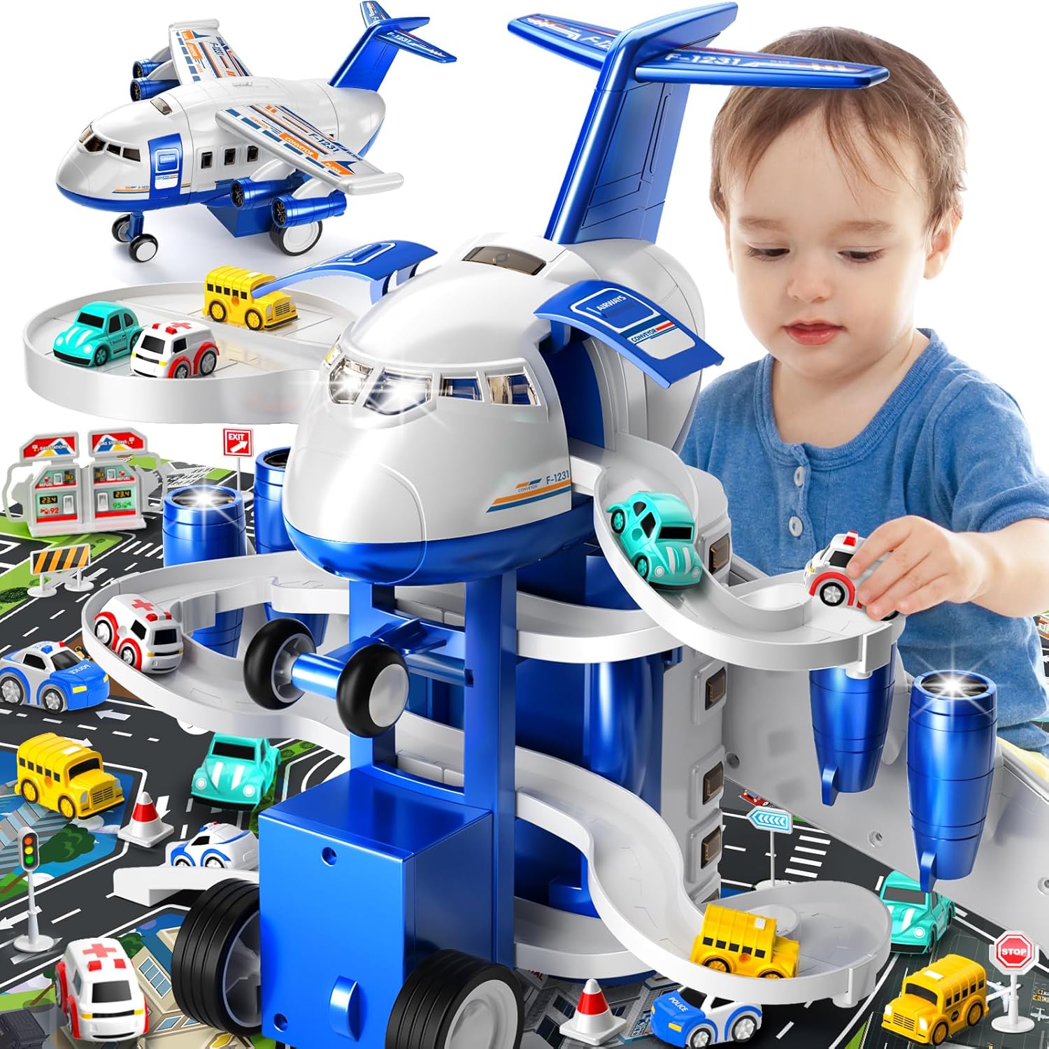 Vliegtuig Racebaan Speelset | 8 Auto’s + Garage + Speelmat | Voor 3–7 Jaar | Verjaardagscadeau
