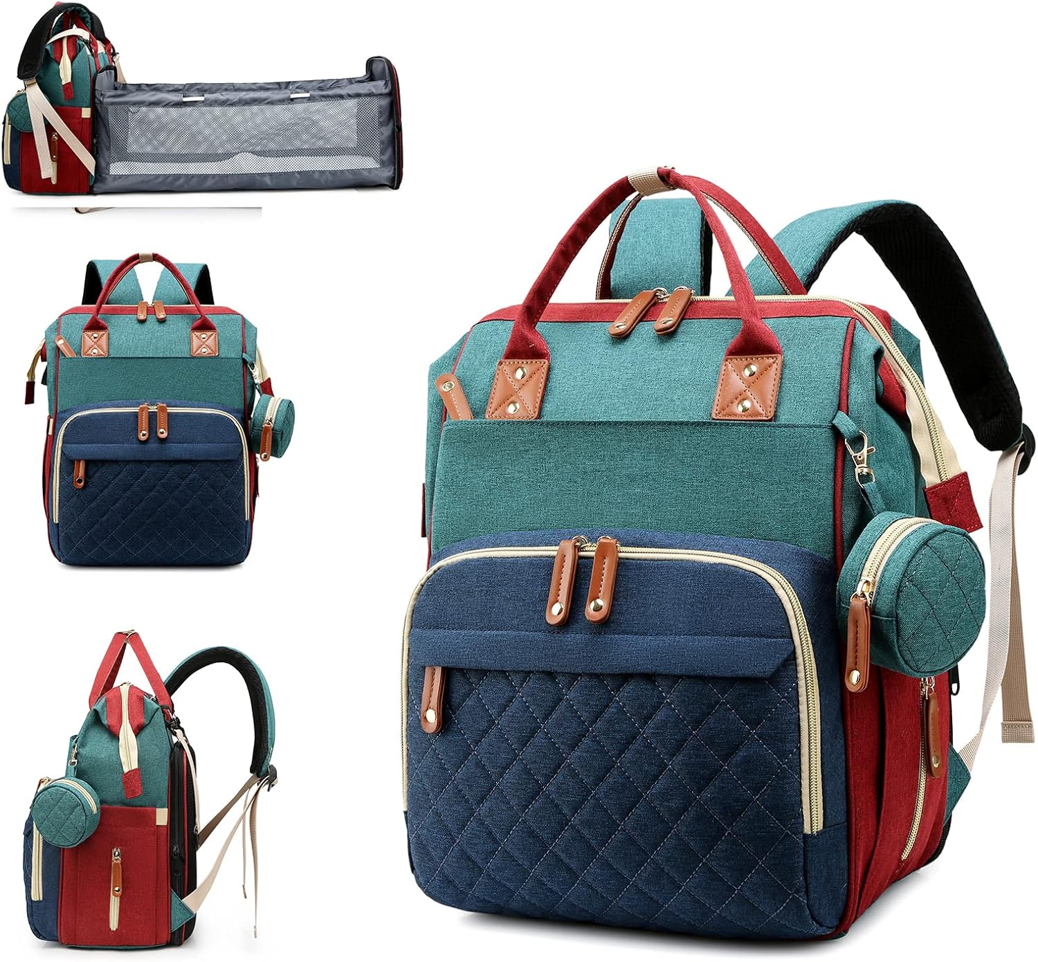 Luiertas met verschoonstation | 3-in-1 waterdichte rugzak met opvouwbaar kussen roze