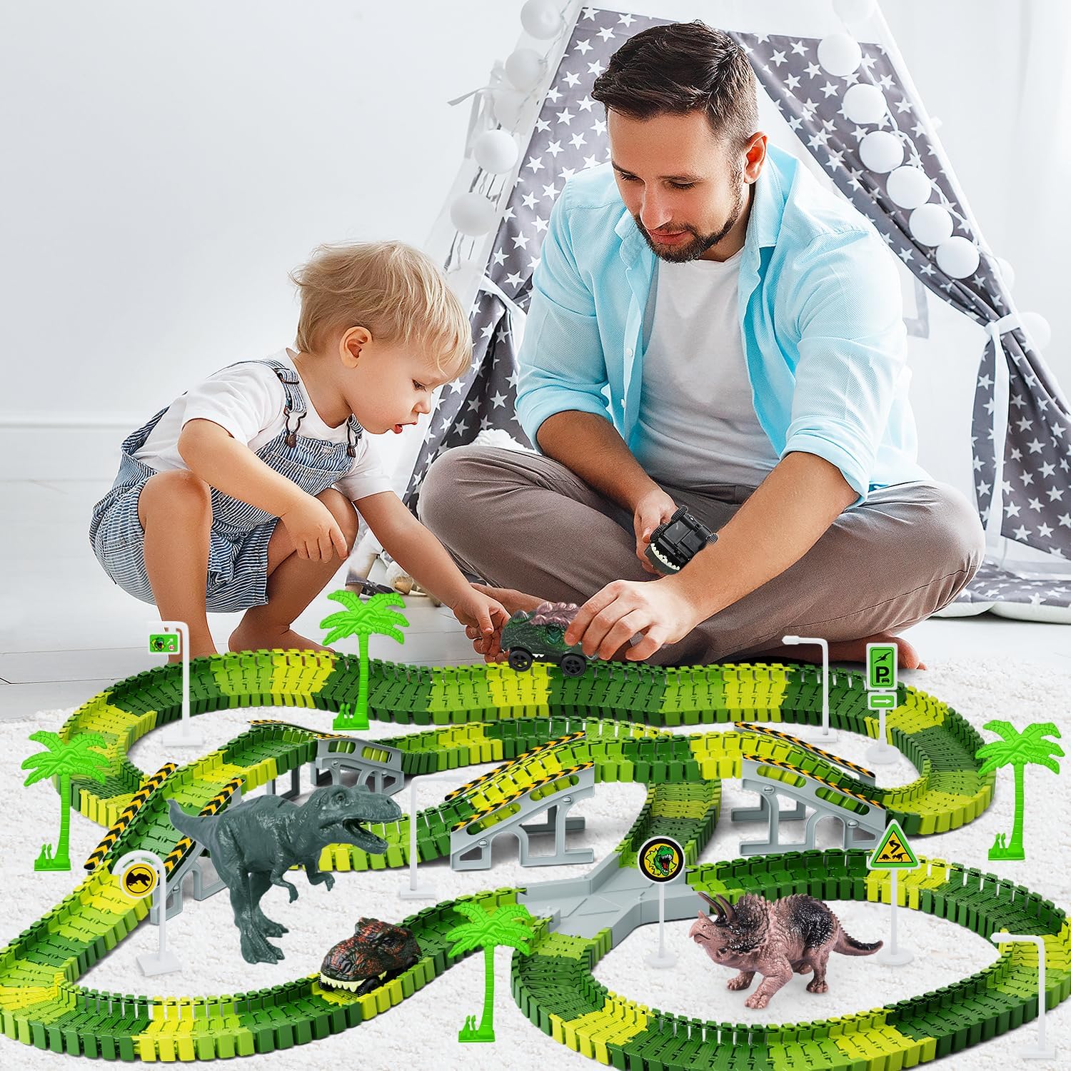 Dinosaurus Racebaan Speelset | Flexibele Baan met 2 Dino Auto’s | Cadeau voor Jongens & Meisjes vanaf 3 Jaar