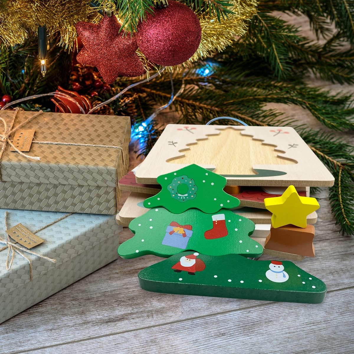 Kerst houten puzzel set | 4 stuks peuter speelgoed