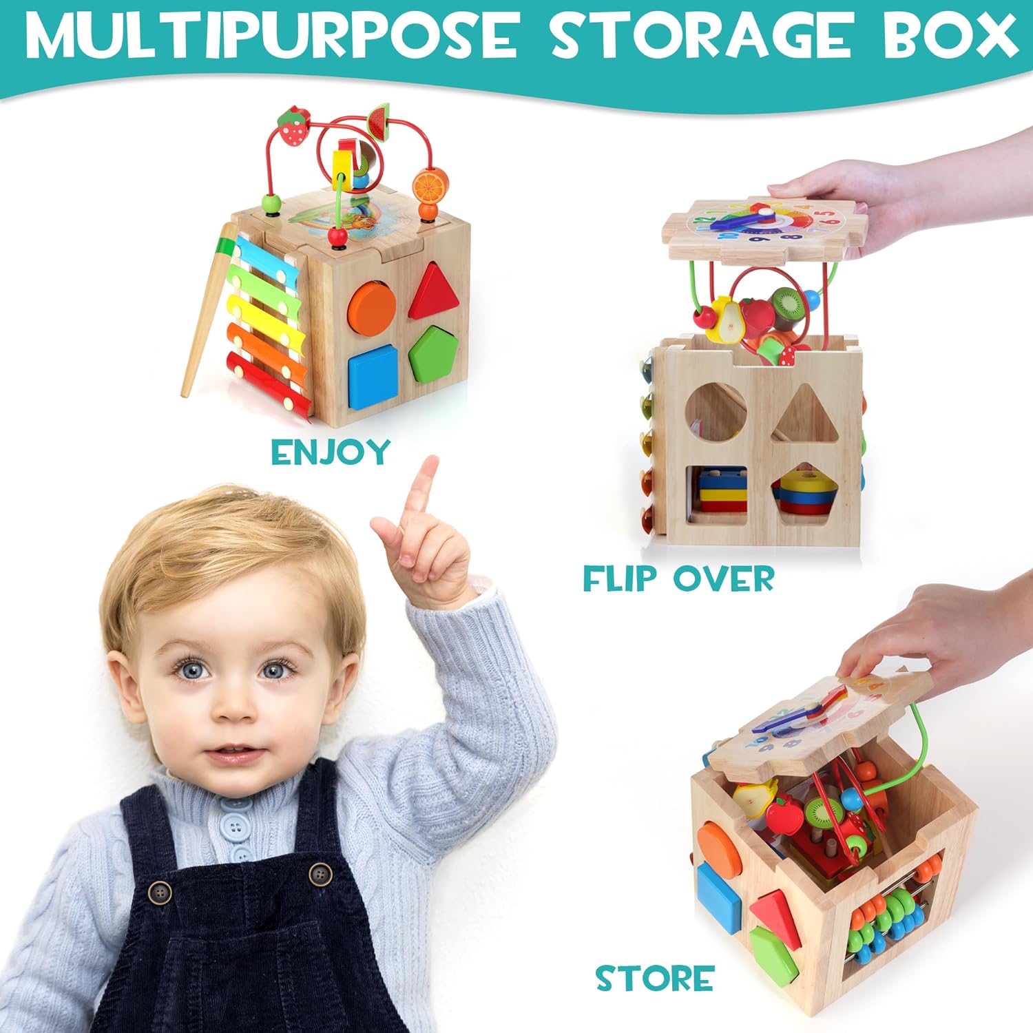 8-in-1 Houten Baby Activiteitenkubus | Montessori Leer Speelgoed 1-3 Jaar | Perfect Eerste Verjaardagscadeau