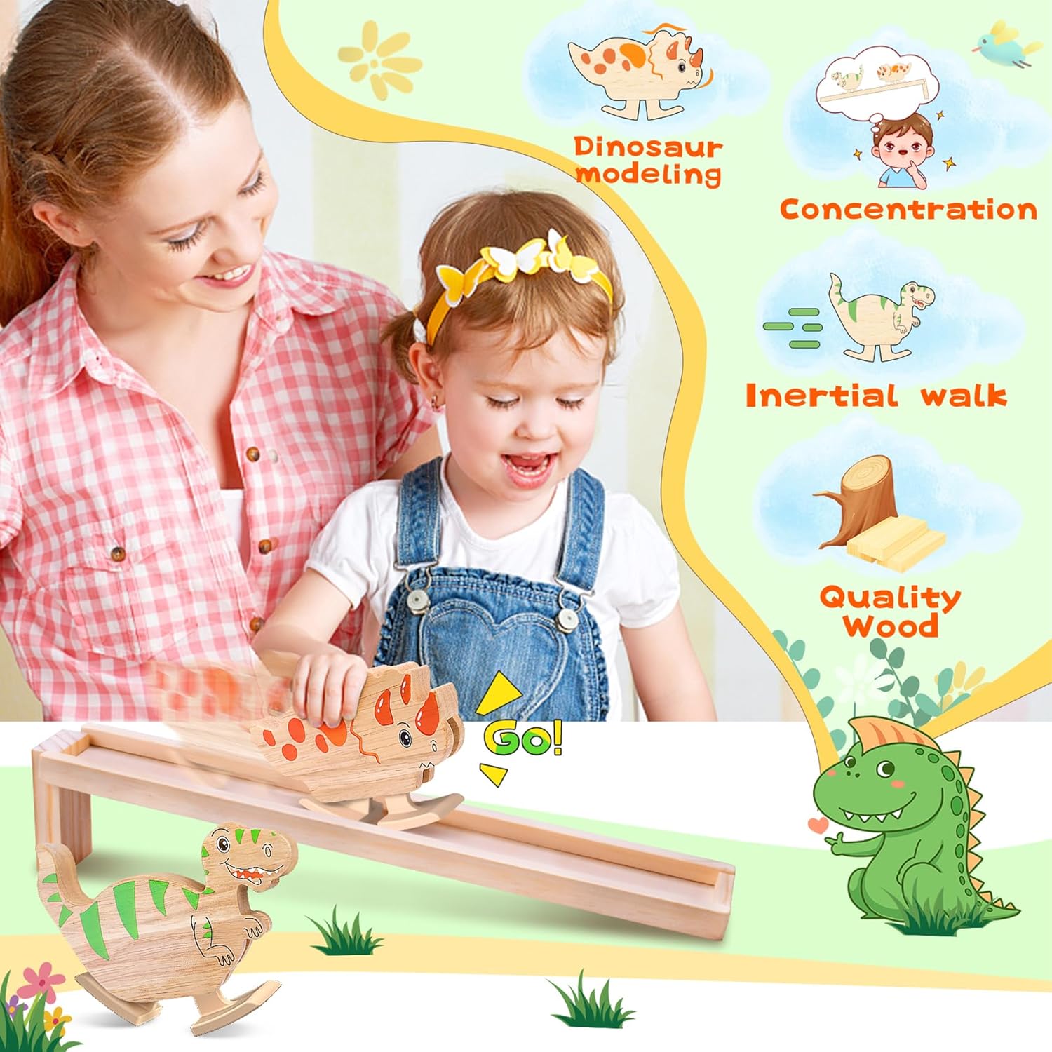 Houten Wandelende Dino Speelgoed | Montessori Fidget Dinosaurus | Speelgoed voor Jongens & Meisjes vanaf 2 Jaar