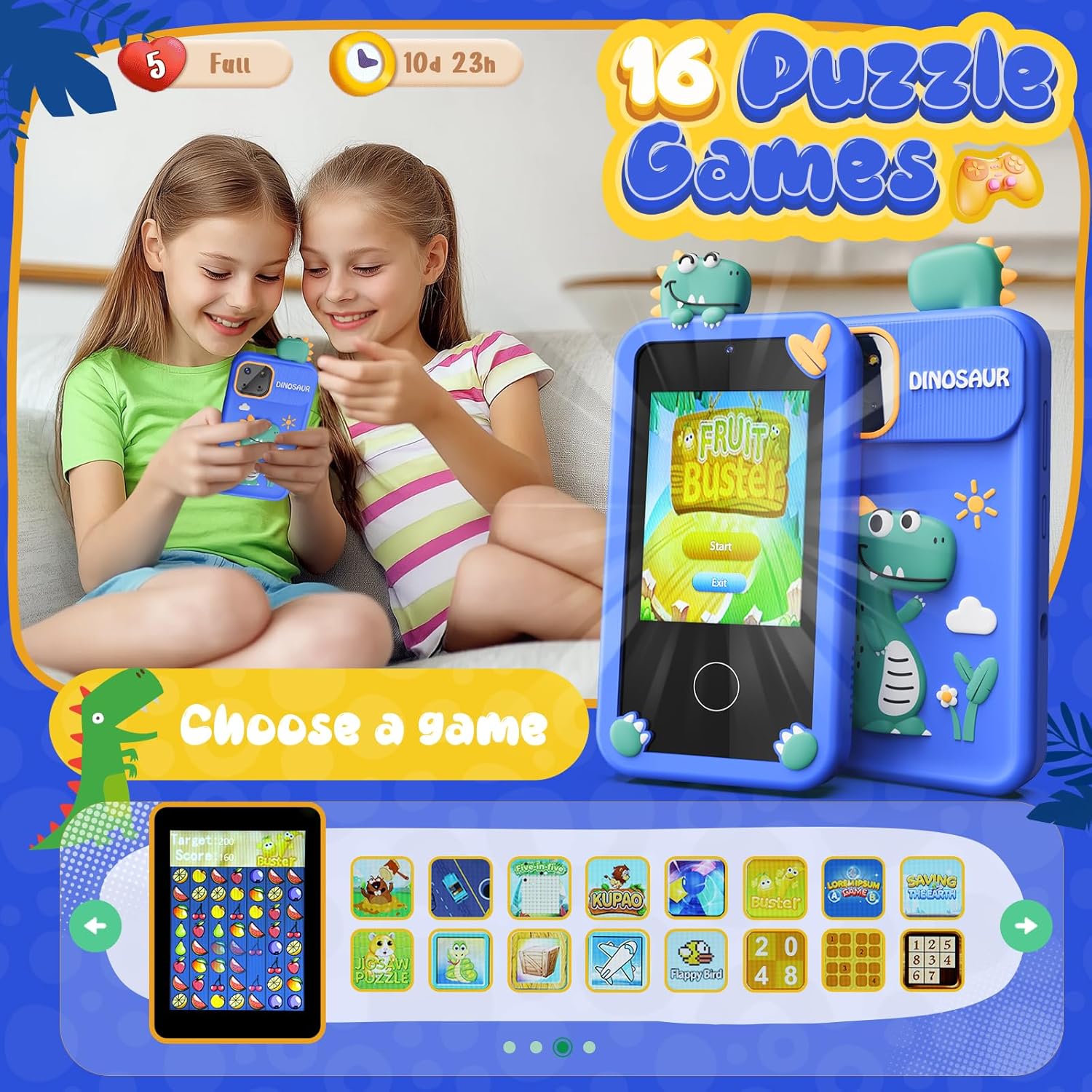 Dino Smartphone Speelgoed | Mini Smartphone met 16 Educatieve Spelletjes en Dubbele Camera voor Kinderen van 3-9 Jaar