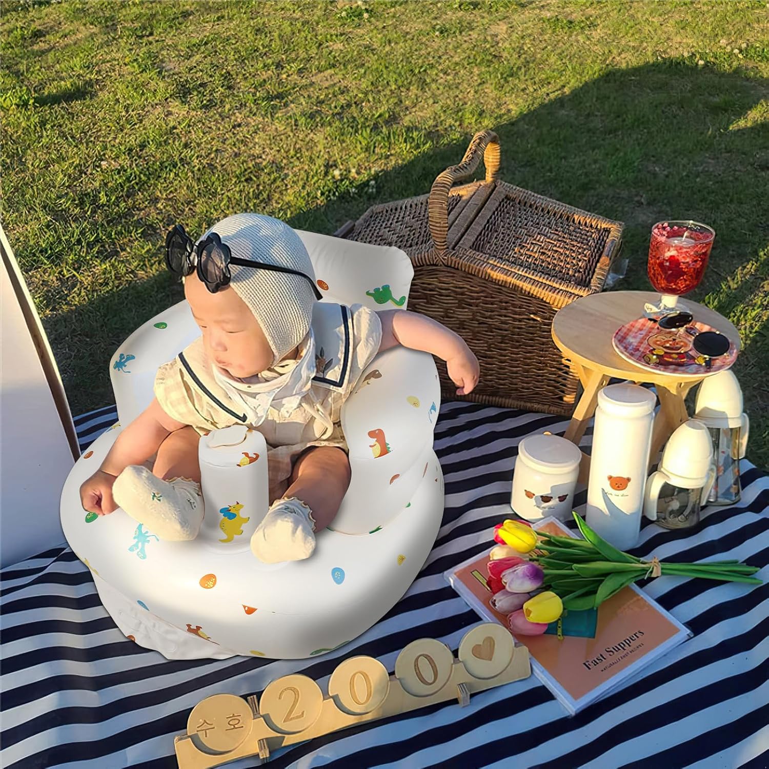 Opblaasbaar babyzitje voor baby's vanaf 3 maanden l met ingebouwde luchtpomp - Beer Patroon