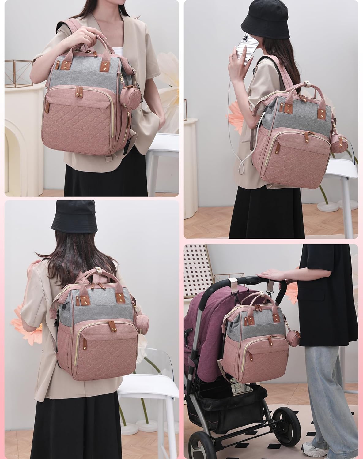 Luiertas met verschoonstation | 3-in-1 waterdichte rugzak met opvouwbaar kussen roze