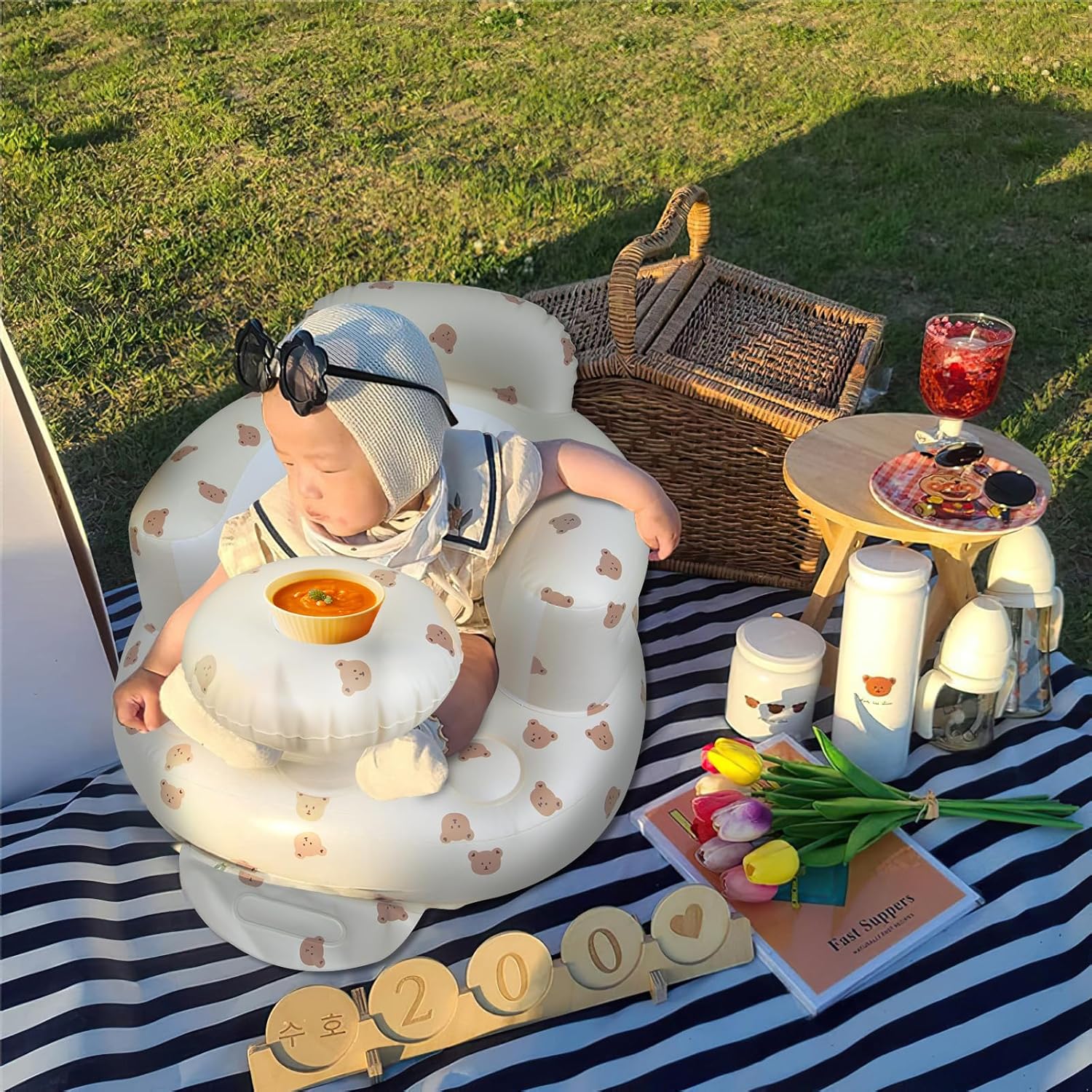 Opblaasbaar babyzitje voor baby's vanaf 3 maanden l met ingebouwde luchtpomp - Beer Patroon