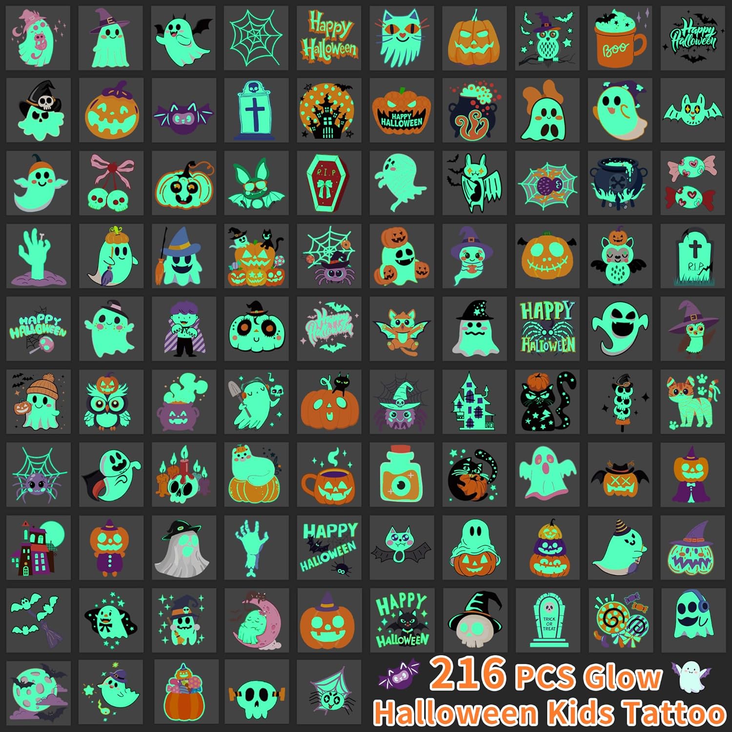 216 stuks Halloween tattoos kinderen | Glow in the dark tijdelijke tattoos