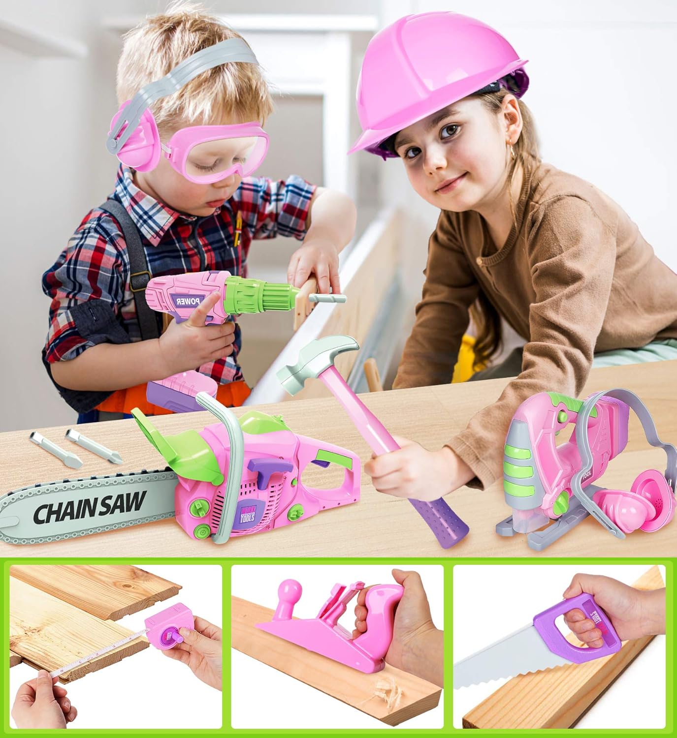 Kindergereedschap Speelset met Elektrische Boor & Kettingzaag – Realistisch Bouw Speelgoed voor Meisjes & Jongens – Gereedschapskist Speelgoed vanaf 3 Jaar