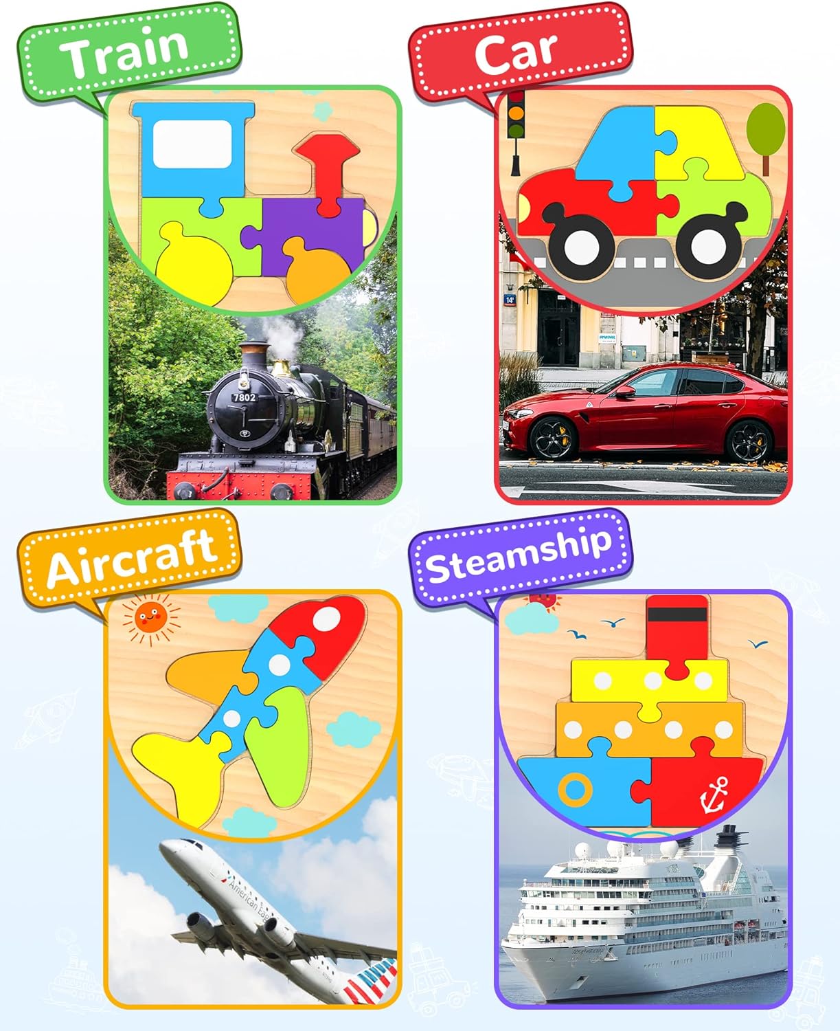 Houten Peuterpuzzels – Montessori Voertuigen | Educatief Speelgoed 1-3 Jaar