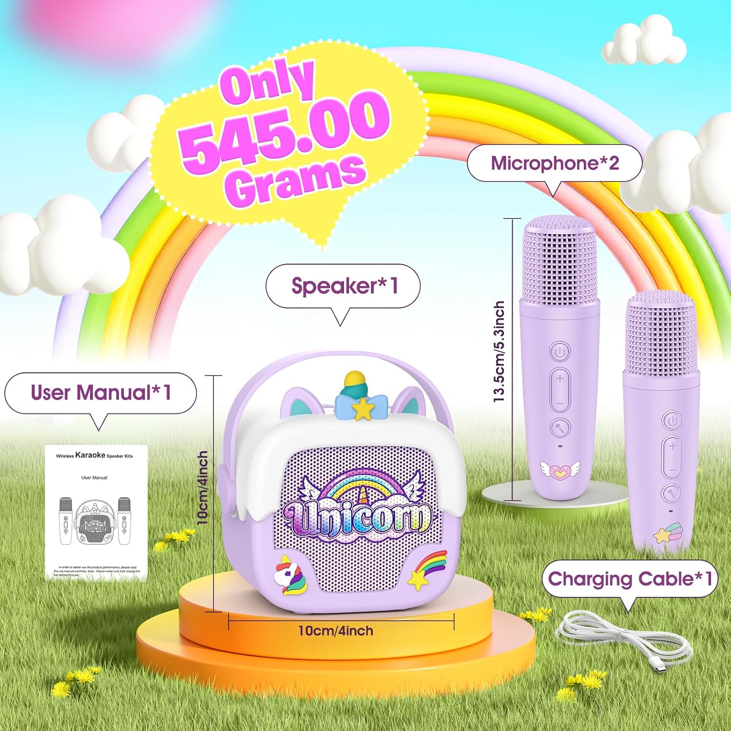 Mini karaoke machine voor kinderen | Draagbare Bluetooth luidspreker met 2 microfoons unicorn design