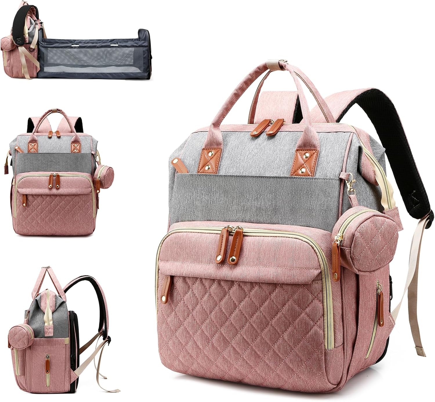 Luiertas met verschoonstation | 3-in-1 waterdichte rugzak met opvouwbaar kussen roze