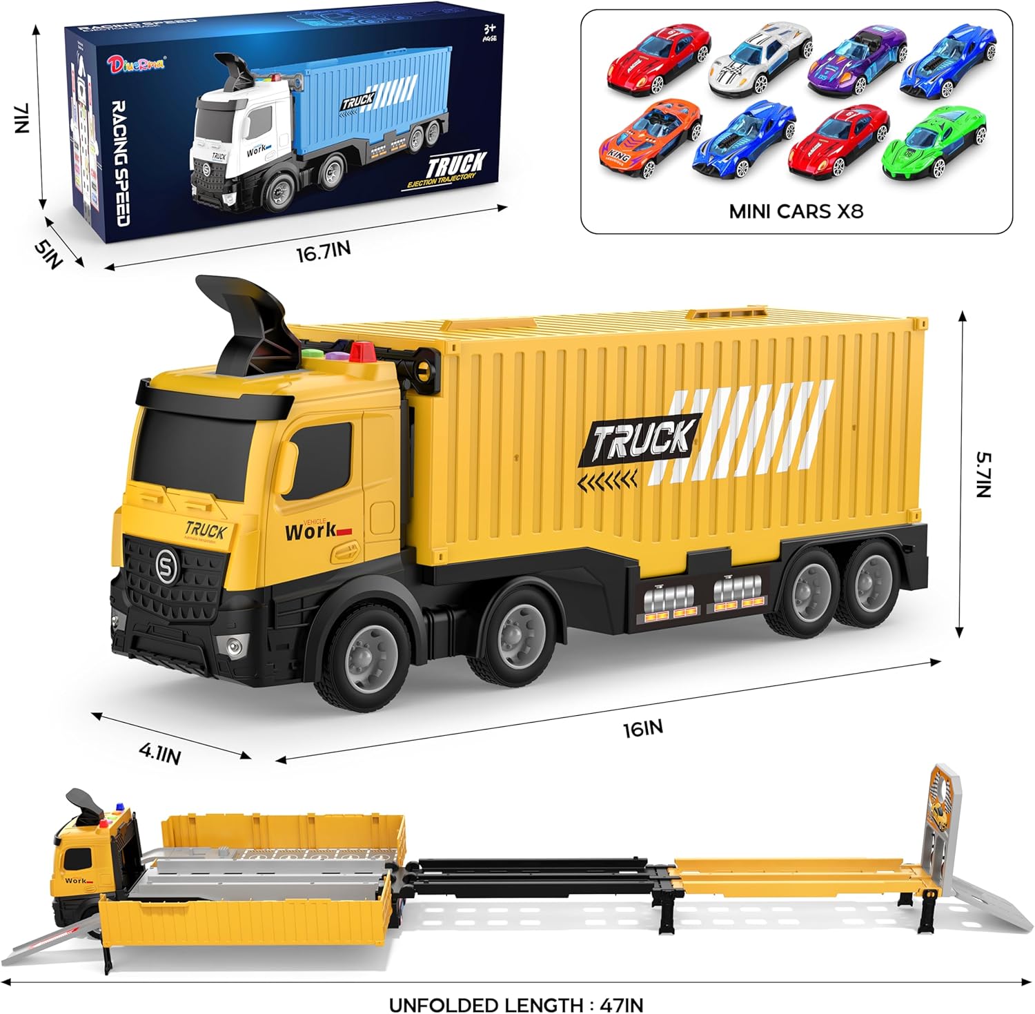 Transport Vrachtwagen Racebaan Speelgoed Voor Peuters, Opvouwbare 3-Lagen Speelset, Vrachtwagen Met 8 Raceauto's, Cadeau Voor Jongens En Meisjes Van 3-6 Jaar