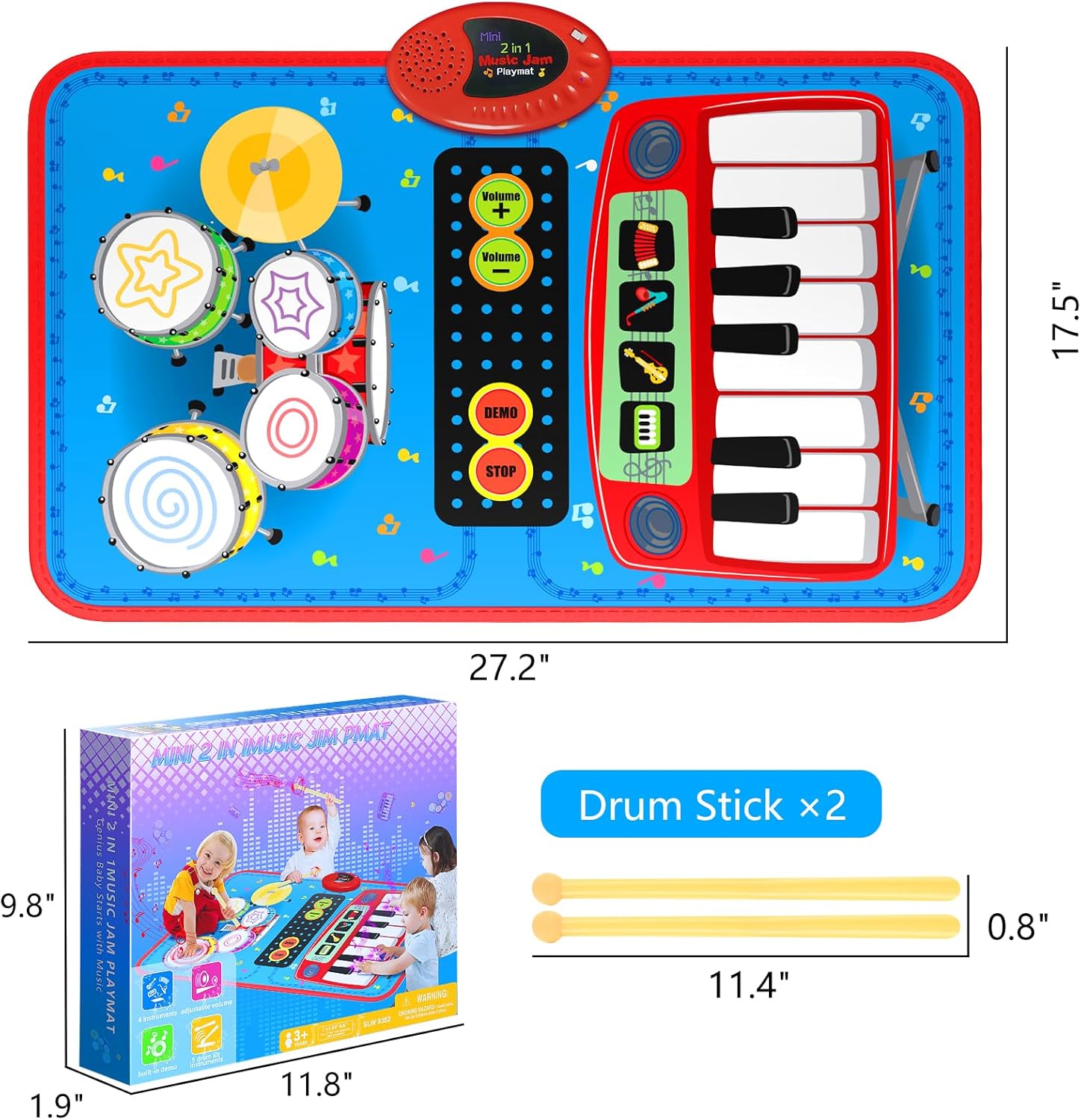 2-in-1 muziekspeelmat|Piano & drum leerinstrument 1-5 jaar