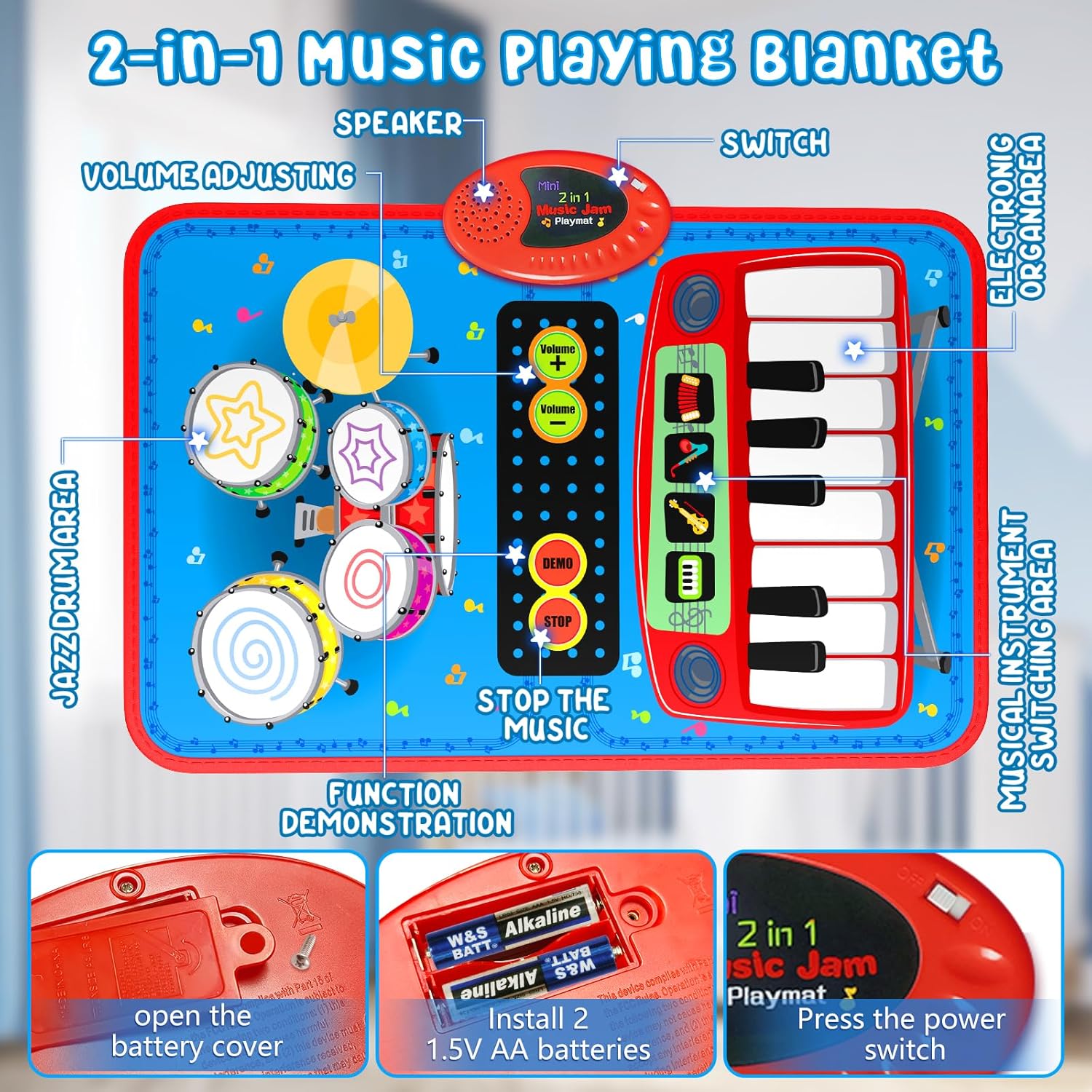 2-in-1 muziekspeelmat|Piano & drum leerinstrument 1-5 jaar
