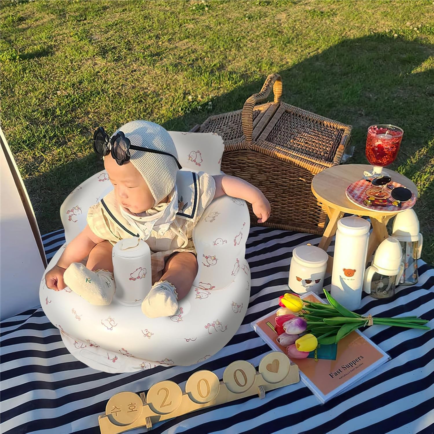 Opblaasbaar babyzitje voor baby's vanaf 3 maanden l met ingebouwde luchtpomp - Beer Patroon