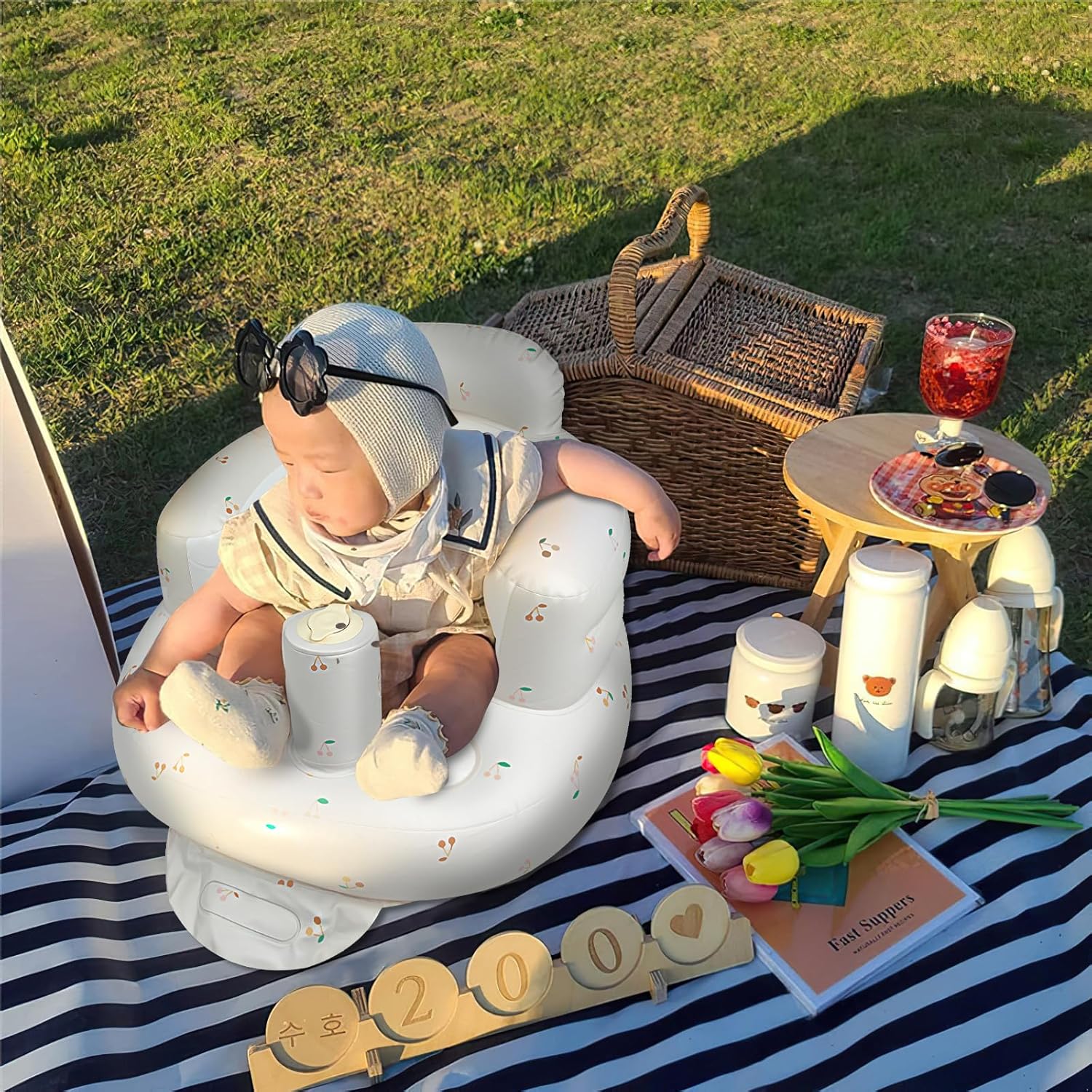 Opblaasbaar babyzitje voor baby's vanaf 3 maanden l met ingebouwde luchtpomp - Beer Patroon