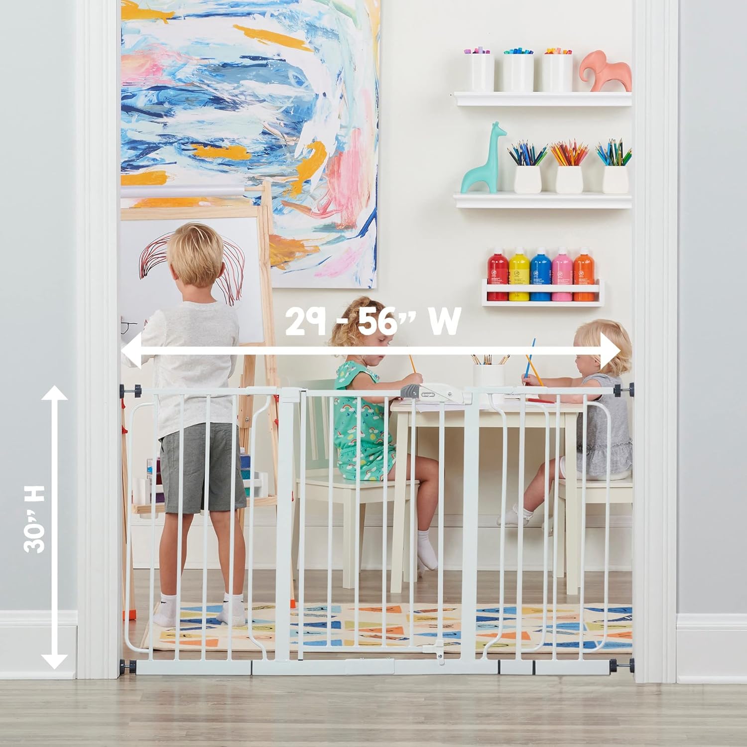 Witte 56-Inch Extra Brede Loophek Baby Hek | 4-Inch, 8-Inch en 12-Inch Verlenging, 8-Delige Set - 4 Drukmontages en 4 Muur Cups met Montagekit