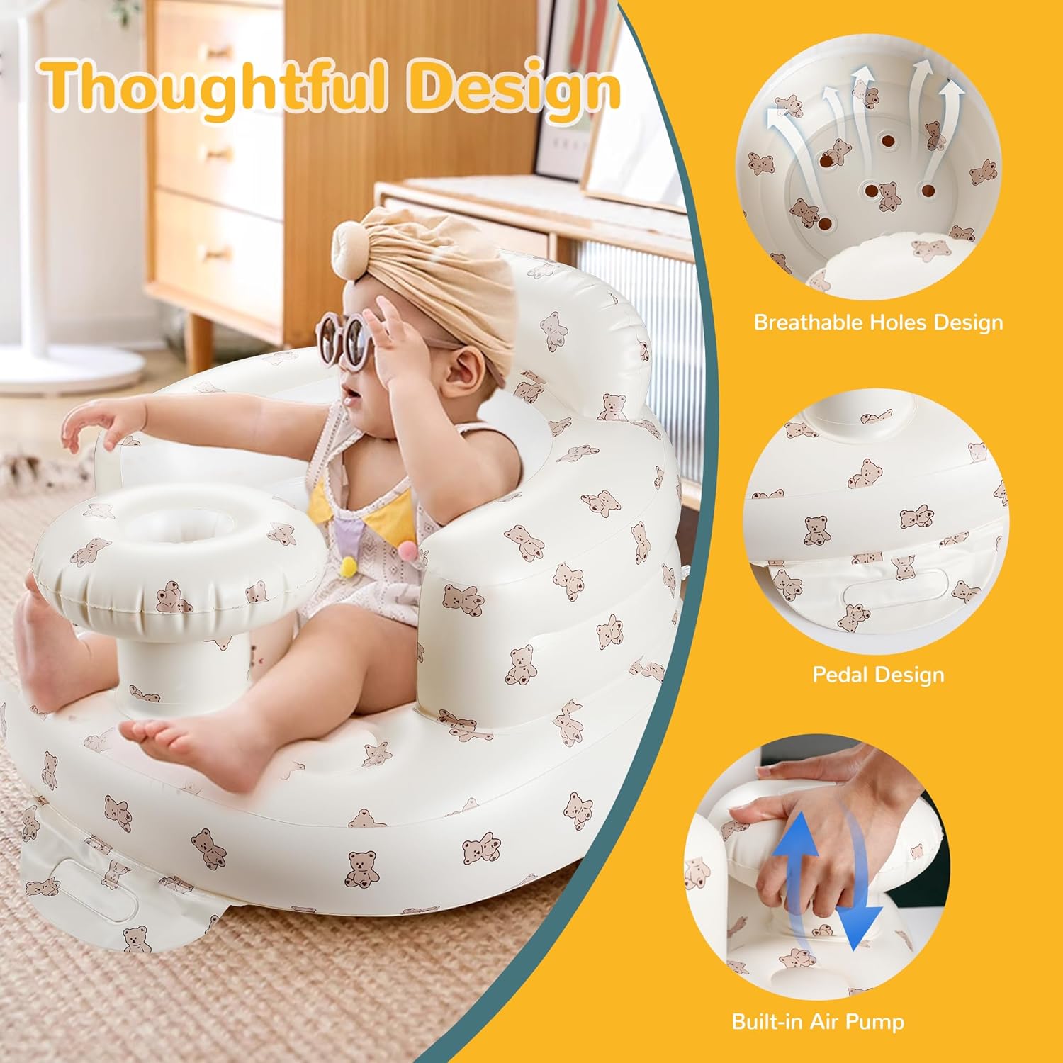 Opblaasbare Vloer Baby Zitstoel met Dienblad | Baby Stoel om te Leren Zitten met Ingebouwde Luchtpomp voor Baby's vanaf 3 Maanden