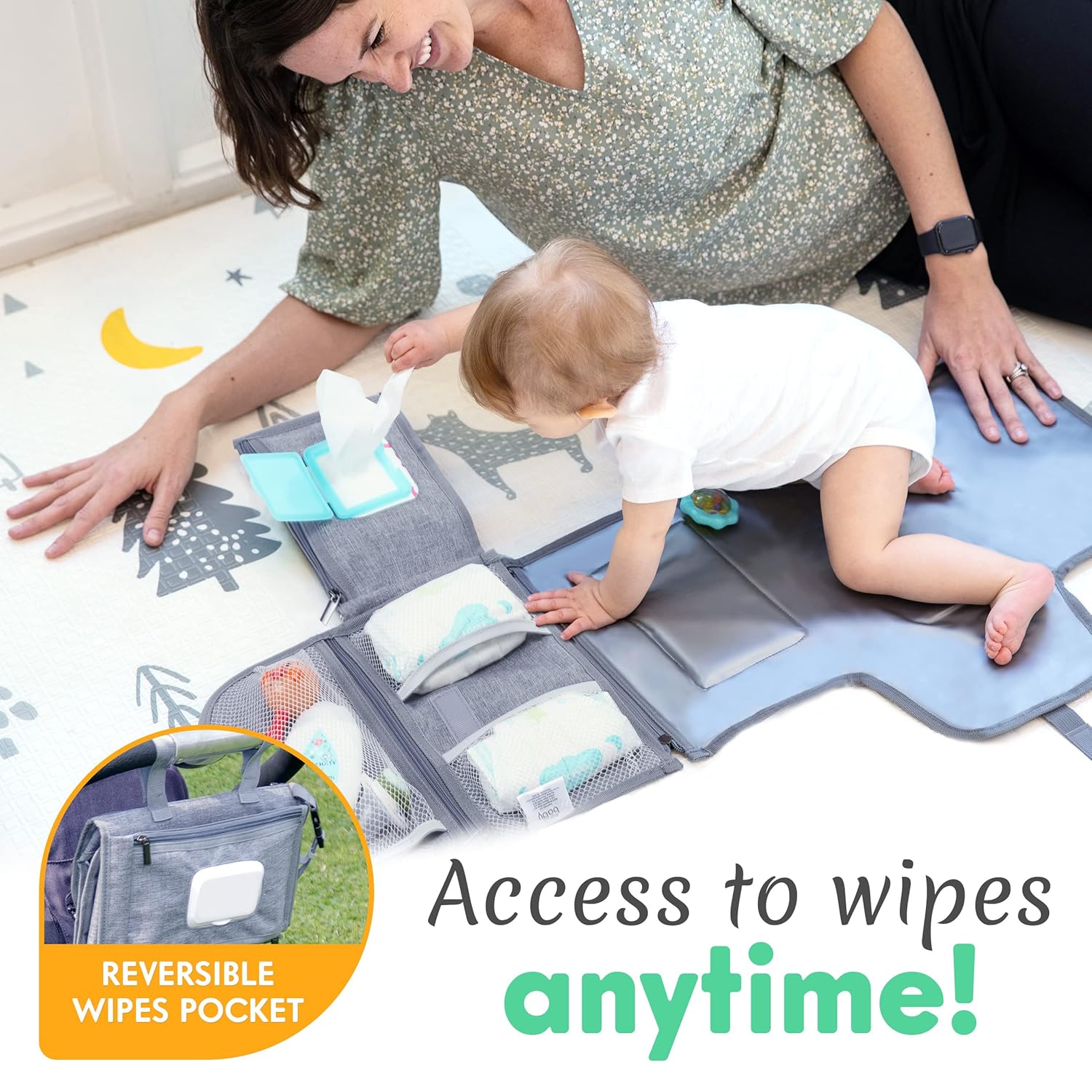 Draagbaar verschoningsmatje|Luiertas met aankleedmat en doekjesvak grijs