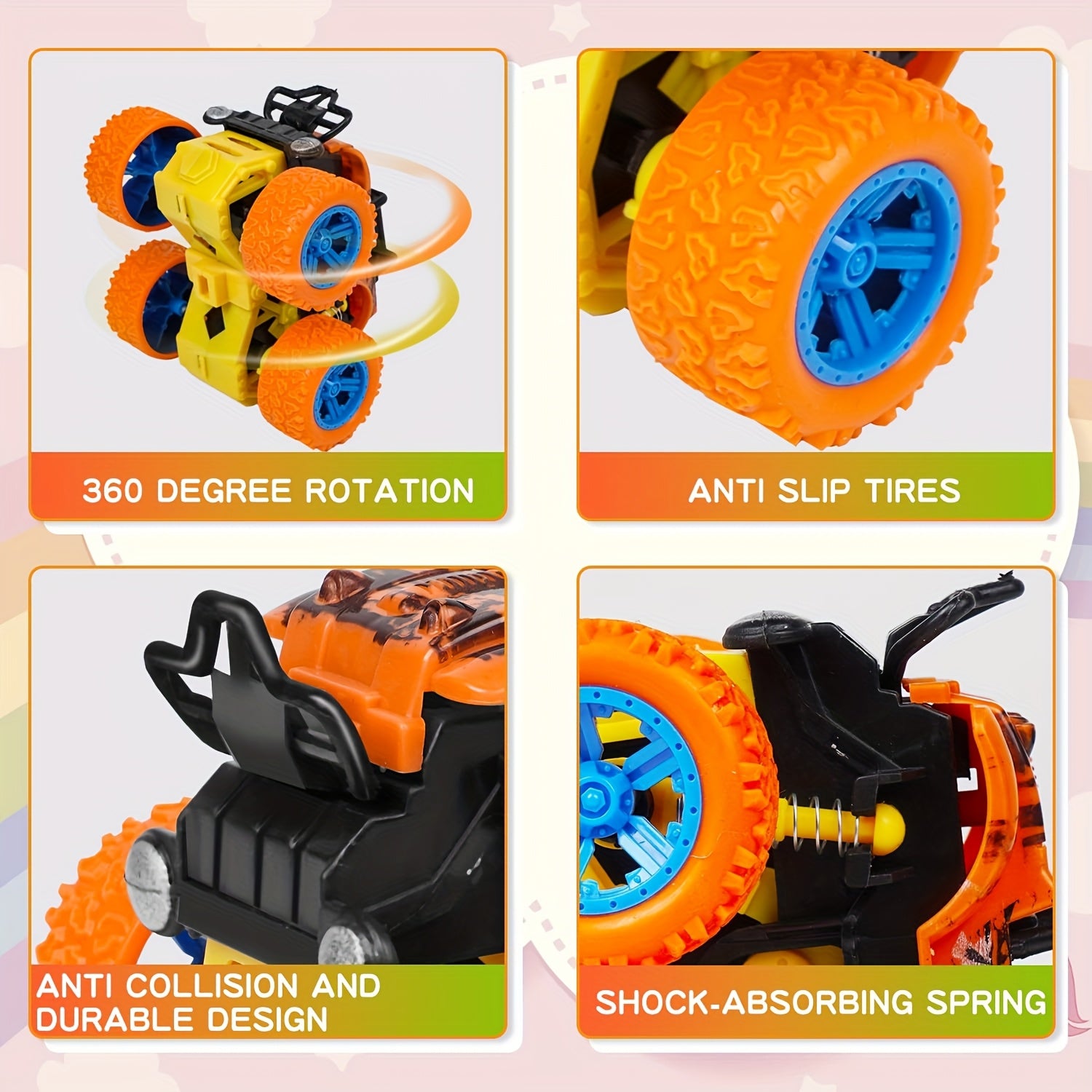 4x Wrijvingsmonstertrucks | Push & Go Inertia Auto’s met 360° Rotatie, Cadeau 3+ Jaar