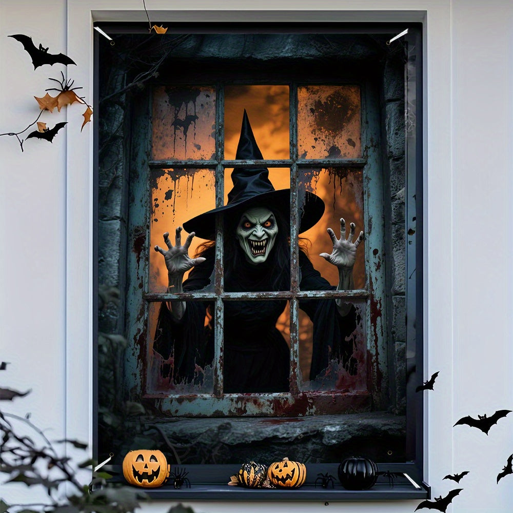 Halloween Party Banner | Grote polyester wanddecoratie met heks design, 200x120 cm, indoor/outdoor