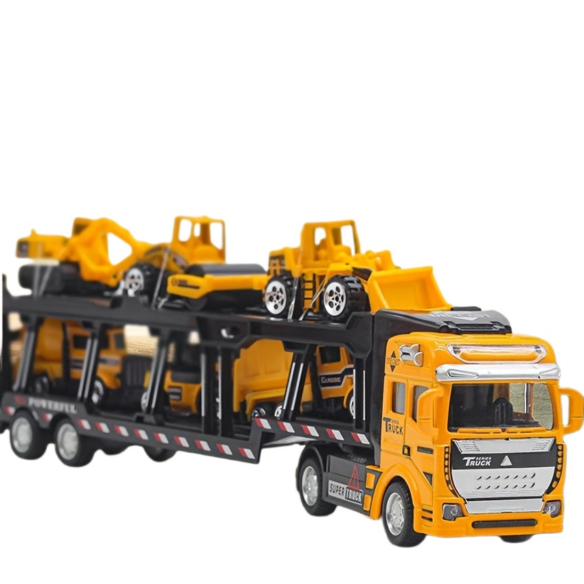 32cm Die-Cast Truck Set | 1x Vrachtwagen + 6 Mini Bouwvoertuigen | Vanaf 3 Jaar