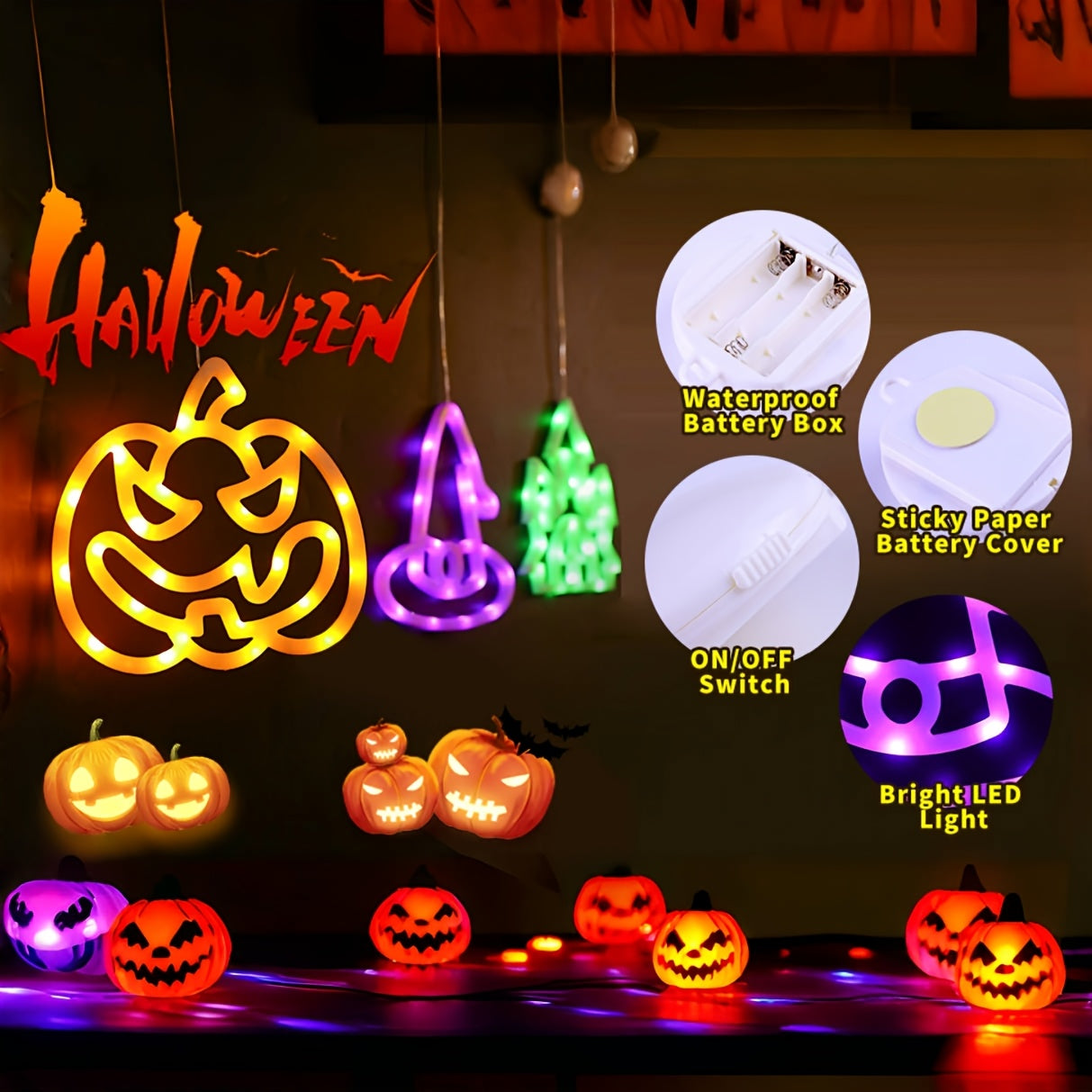 3 stuks Halloween LED lichtsnoer | Pompoen, huis & hoed decoratie, batterijen aangedreven