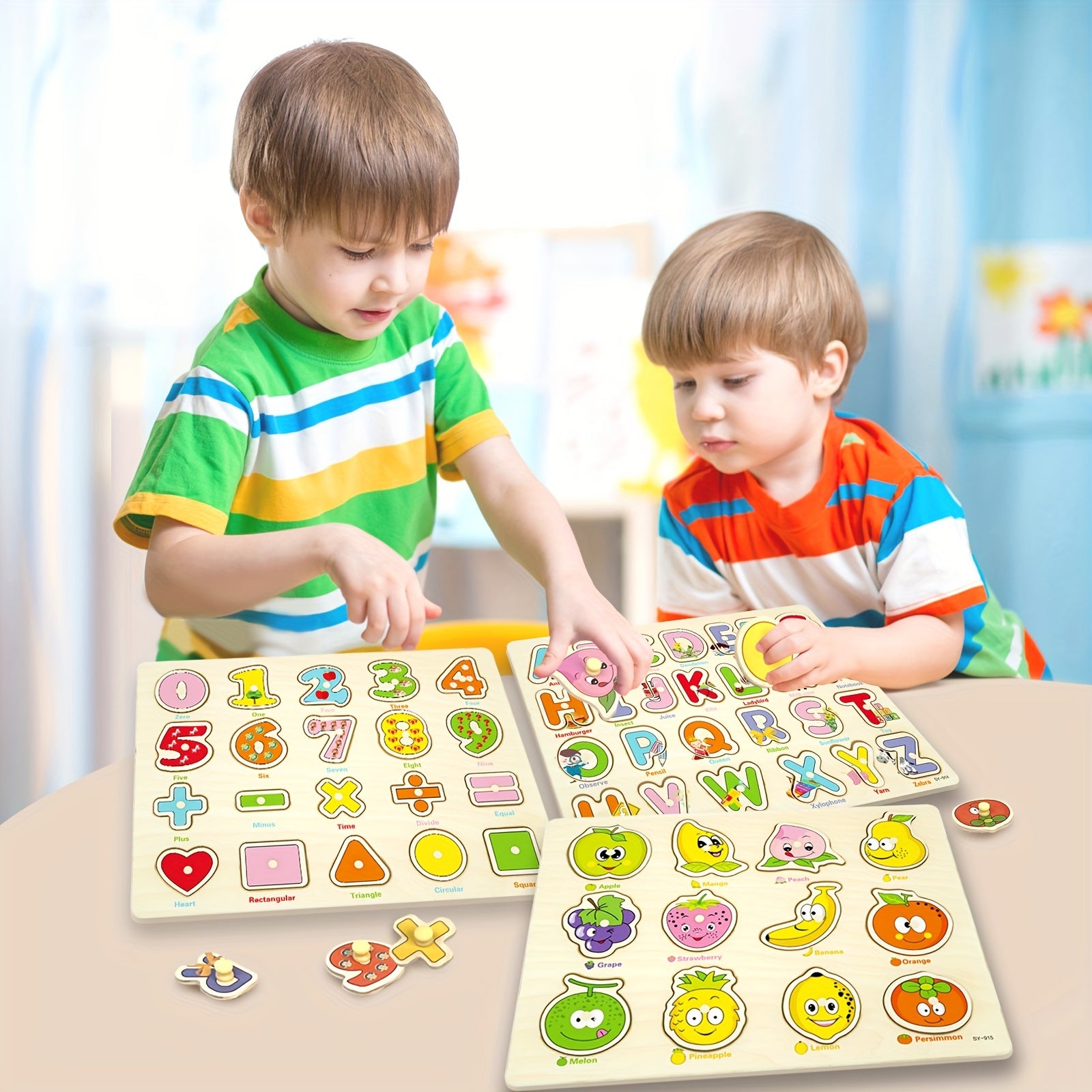 6 Houten Peg Puzzels | Dieren, Alfabet en Nummers Educatief Speelgoed