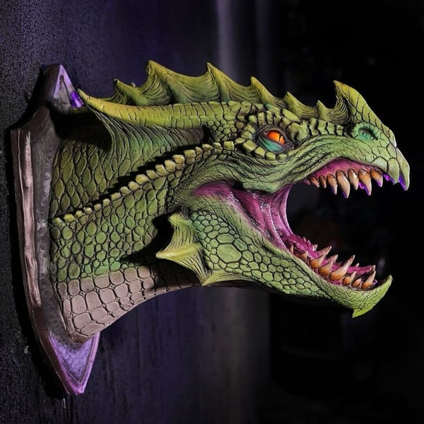 Epische Drakenkop Muurdecoratie met Rook en LED Vuur - Handgemaakt Fantasy Kunstwerk voor aan de Muur - Uniek Cadeau voor DND en Fantasy Liefhebbers