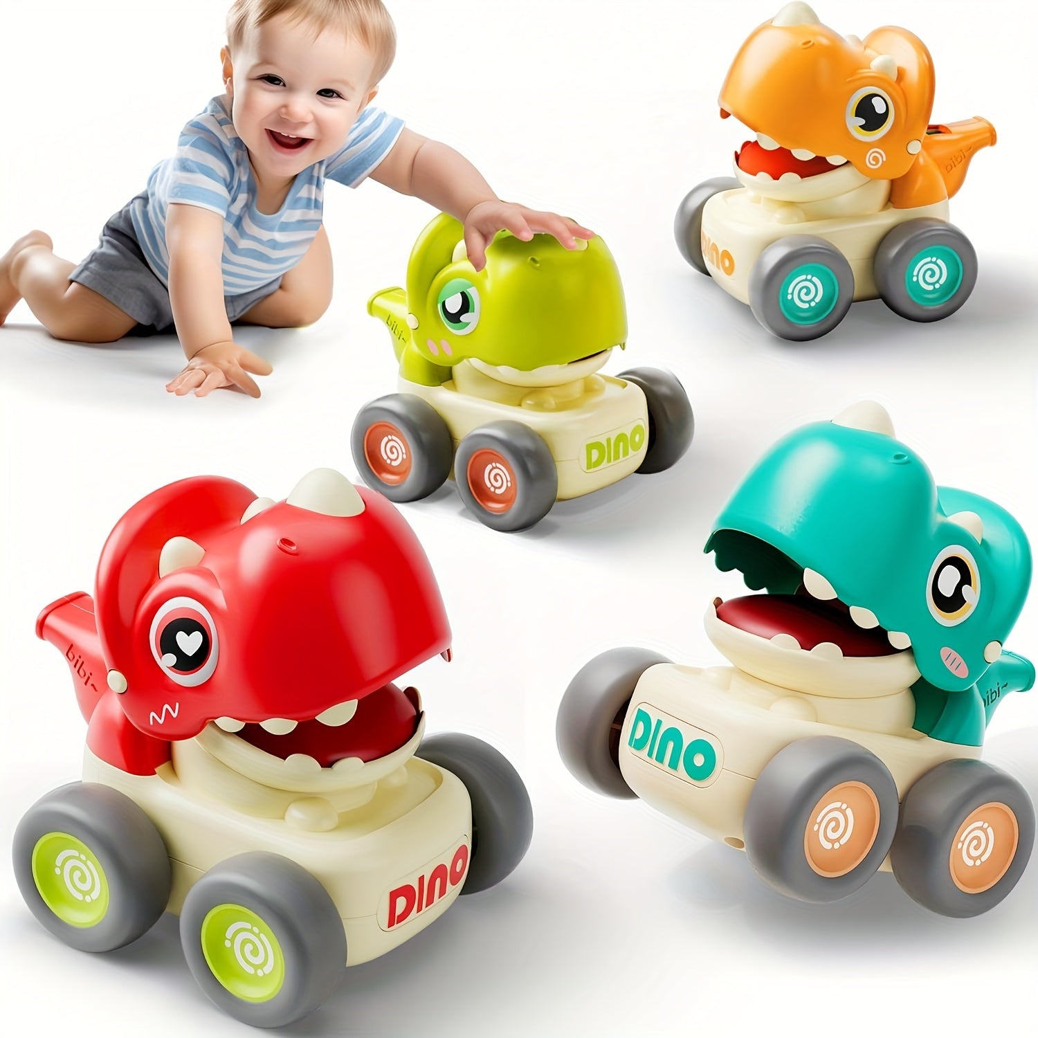4-Delige Dinosaurus Inertie Speelgoedauto Set | Handmatig Geduwde Educatieve Auto’s voor Peuters