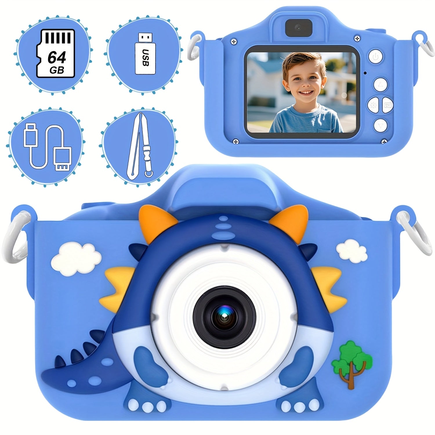 Digitale Kindercamera voor Kinderen vanaf 6 Jaar - HD Fototoestel met Selfiecamera voor Jongens en Meisjes - Inclusief 64GB Geheugenkaart als Perfect Cadeau