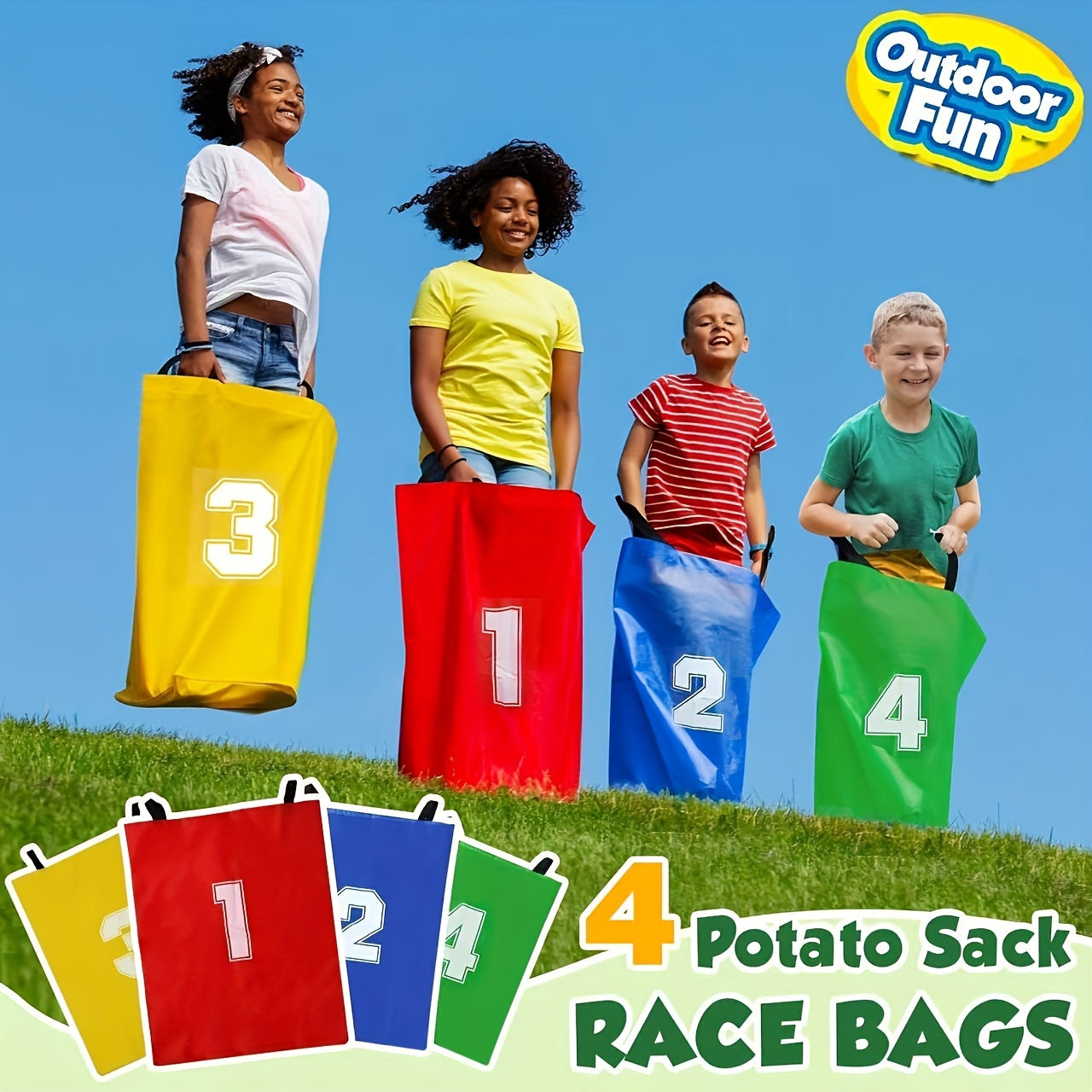 Canvas Springzakken Set voor Kinderen – 4-Delige Zakloop Spelset in Vrolijke Kleuren | Duurzaam Polyester voor Buitenspellen, Verjaardagen & Familieplezier vanaf 3 Jaar