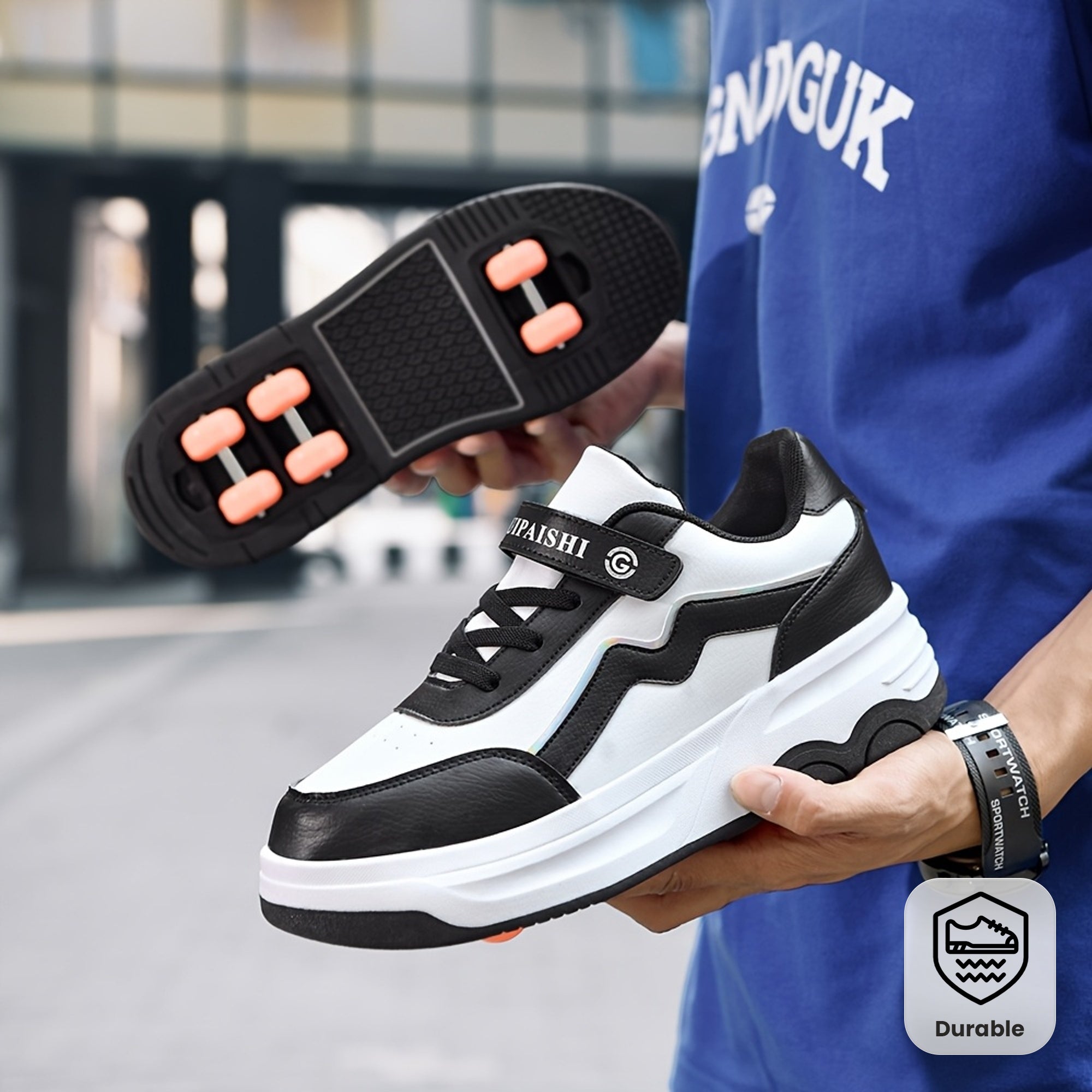 Coole Rolschaats Schoenen voor Kinderen en Tieners (t/m 14 Jaar) - Zwart/Wit Retro Sneakers met 6 Wieltjes - Unisex Sportschoenen voor Jongens en Meisjes