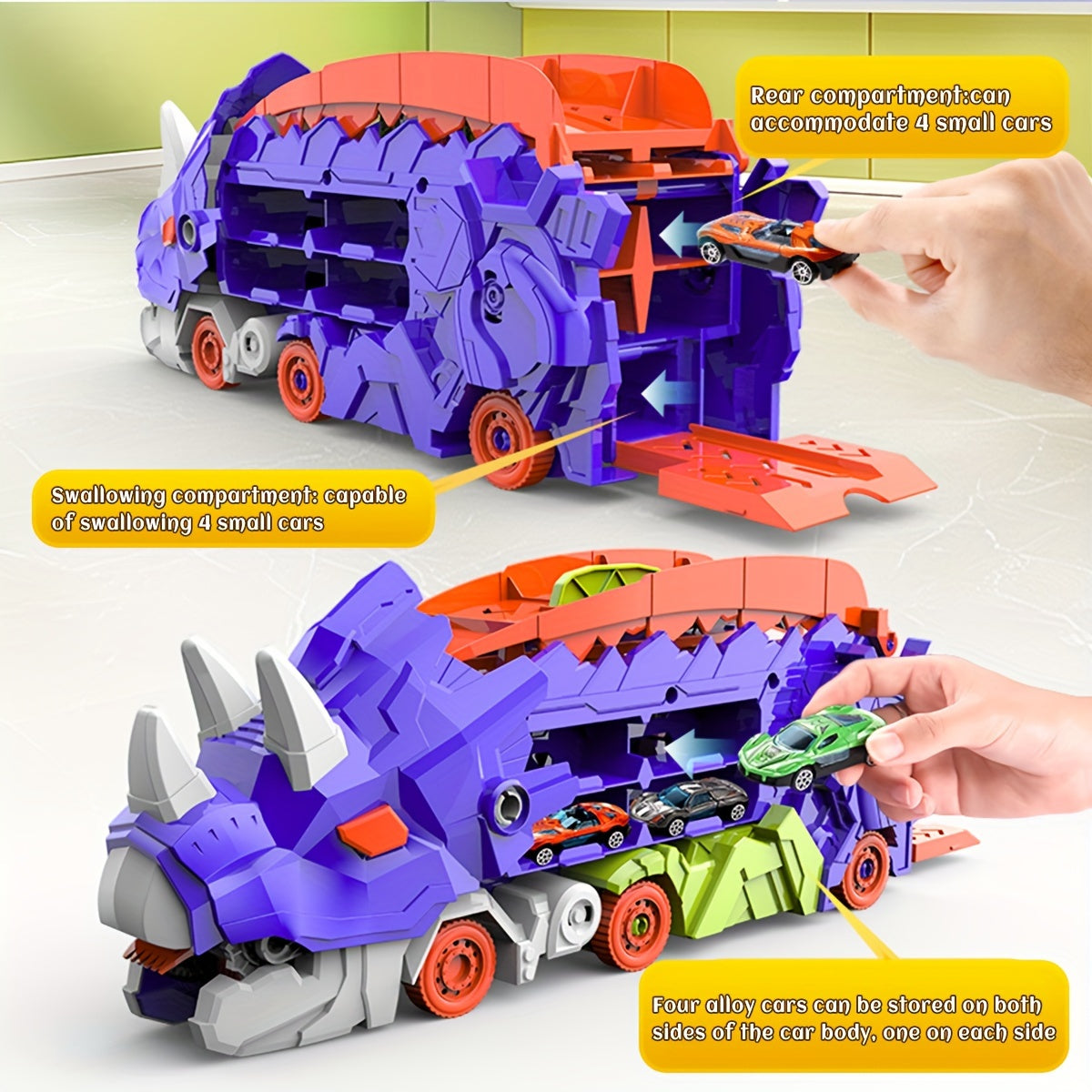 Triceratops Transport Truck 3-in-1 Speelset | Transformeerbaar Spoorweg-Lanceervoertuig | Inclusief Meerdere Metaalauto’s | Voor 3+ Jaar | Paars & Groen