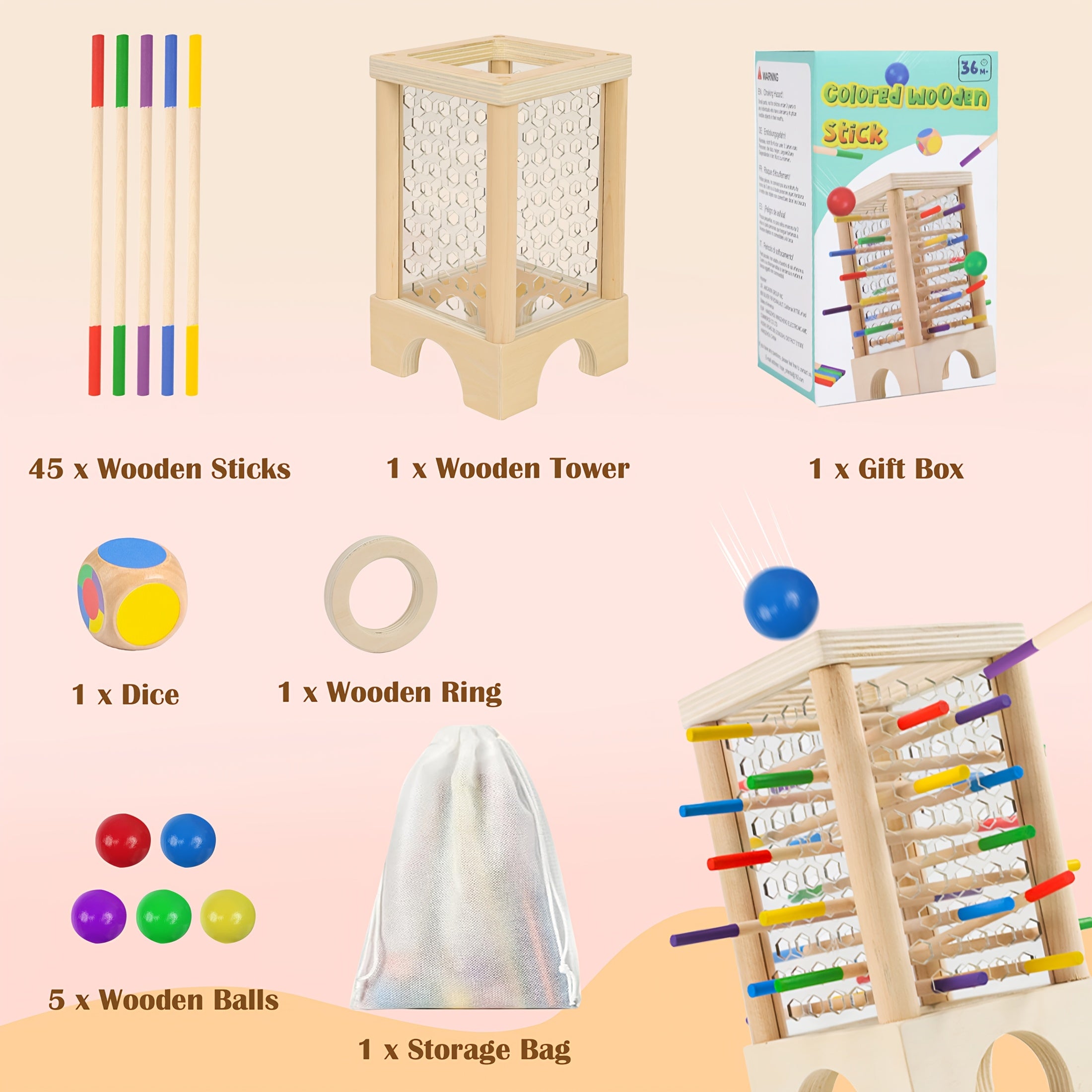 Houten Stok- en Ballenspel | Educatief Strategiespel voor Gezin (3+ Jaar)