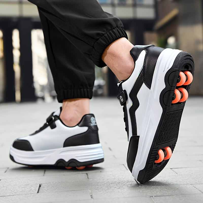 Coole Rolschaats Schoenen voor Kinderen en Tieners (t/m 14 Jaar) - Zwart/Wit Retro Sneakers met 6 Wieltjes - Unisex Sportschoenen voor Jongens en Meisjes