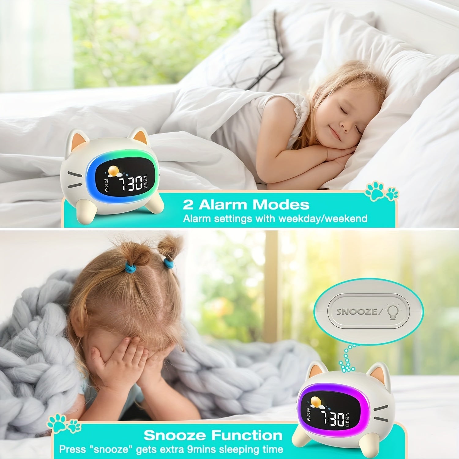 Digitale Slaaptrainer en Wekker met Witte Ruis voor Kinderen - Kat Thema Klok met Gekleurde Nachtlamp en Dubbel Alarm
