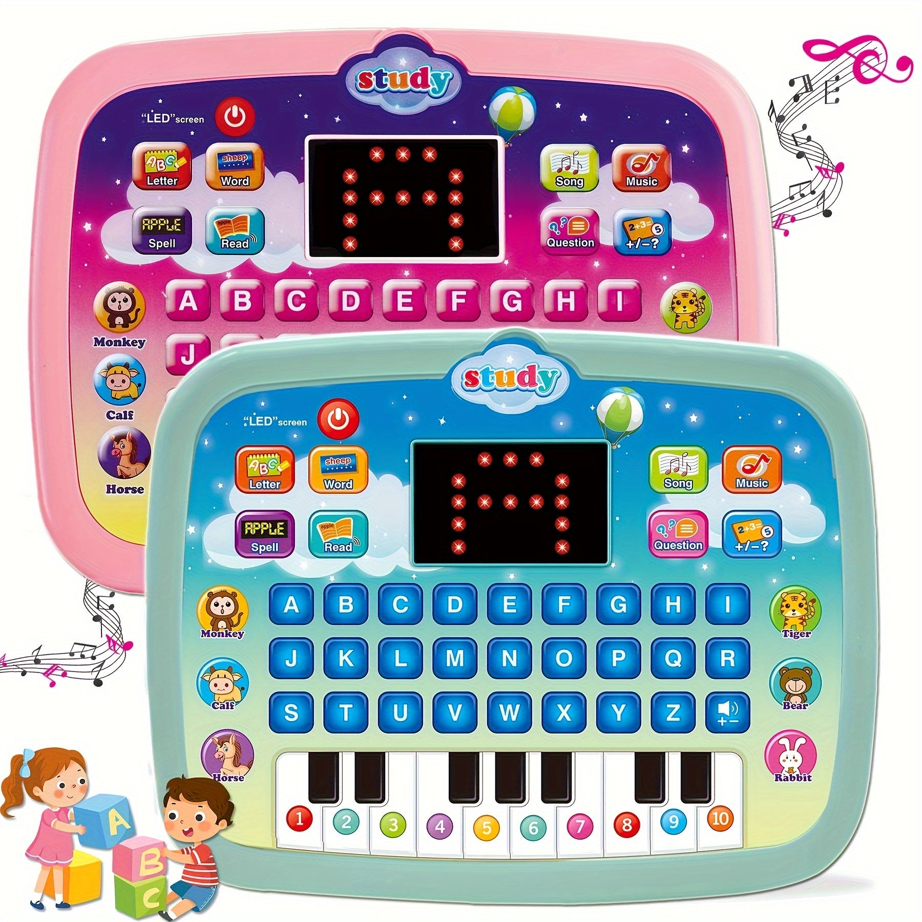 Montessori Tablet Leerpad met LED Scherm | Educatieve Tablet om Alfabet, Nummers, Woorden, Muziek en Rekenen te Leren, Interactief Elektronisch Speelgoed voor Jongens & Meisjes