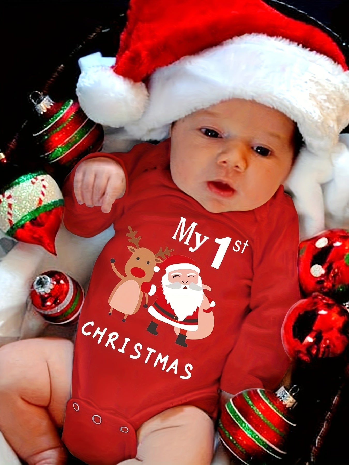 'Mijn 1e Kerst' Kerstman Print Romper met Lange Mouwen voor Kinderen | Zachte, Comfortabele Polyester Baby Onesie voor Kerstmis, Dagelijks Gebruik, Feestdagen en Fotoshoots